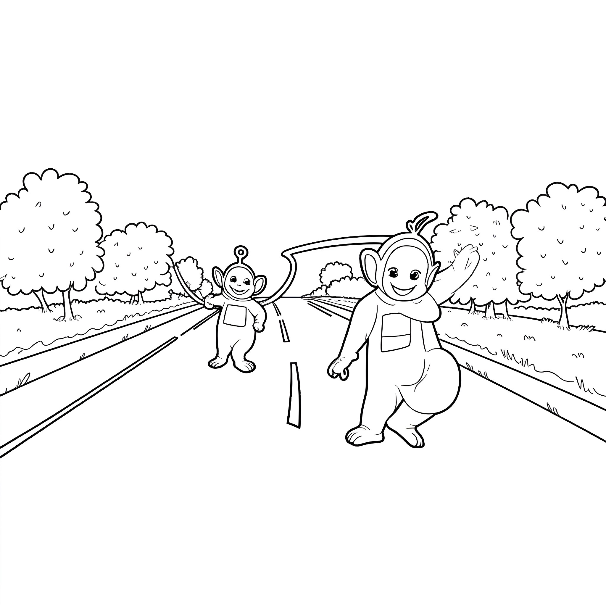 Teletubbies playing joyfully in the countryside Coloring Page (free black-and-white line drawing printable PDF for all, from beginners to advanced learners, including children, teens, adults, and seniors)