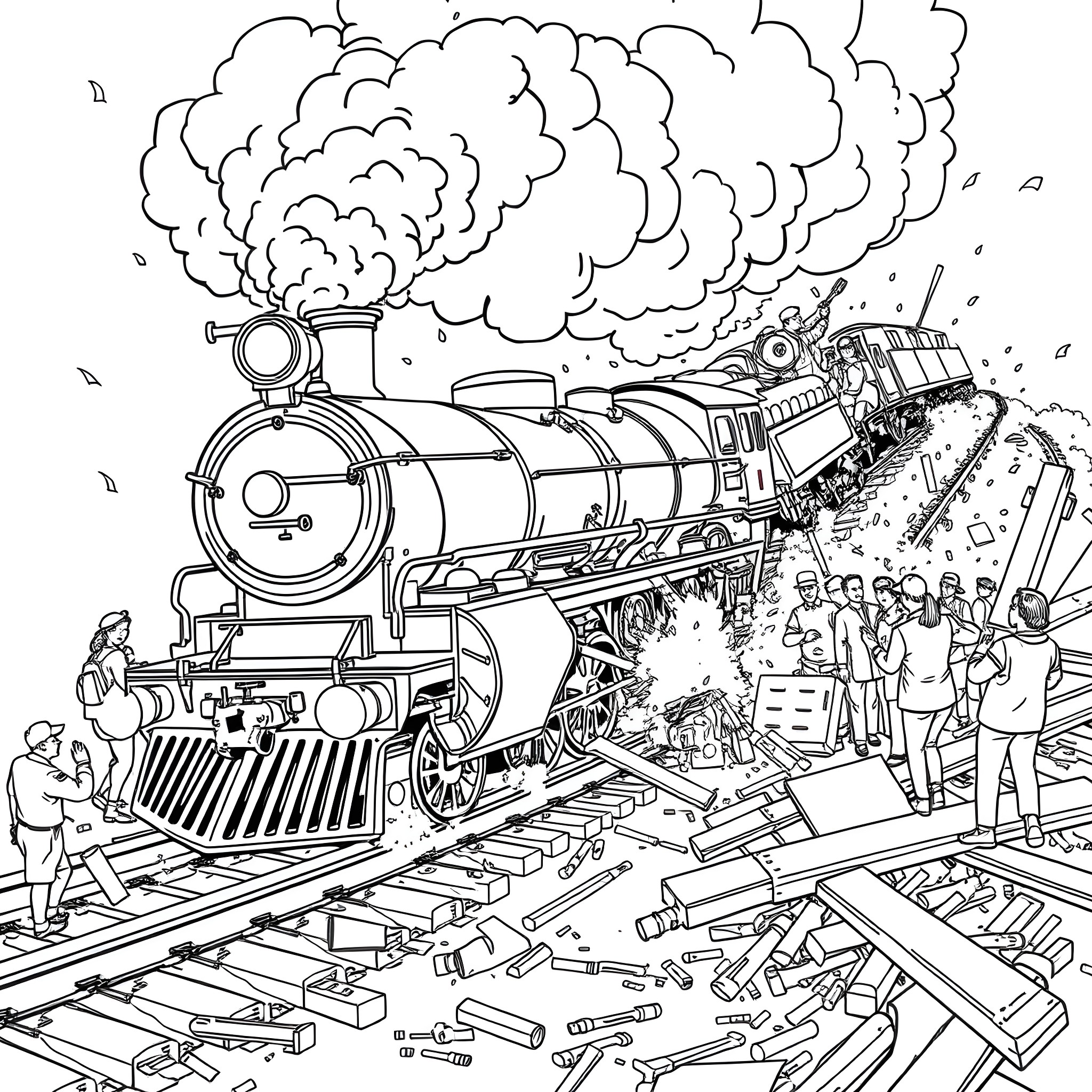Steam Train Traveling Through Chaotic Train Yard Coloring Page (free black-and-white line drawing printable PDF for all, from beginners to advanced learners, including children, teens, adults, and seniors)