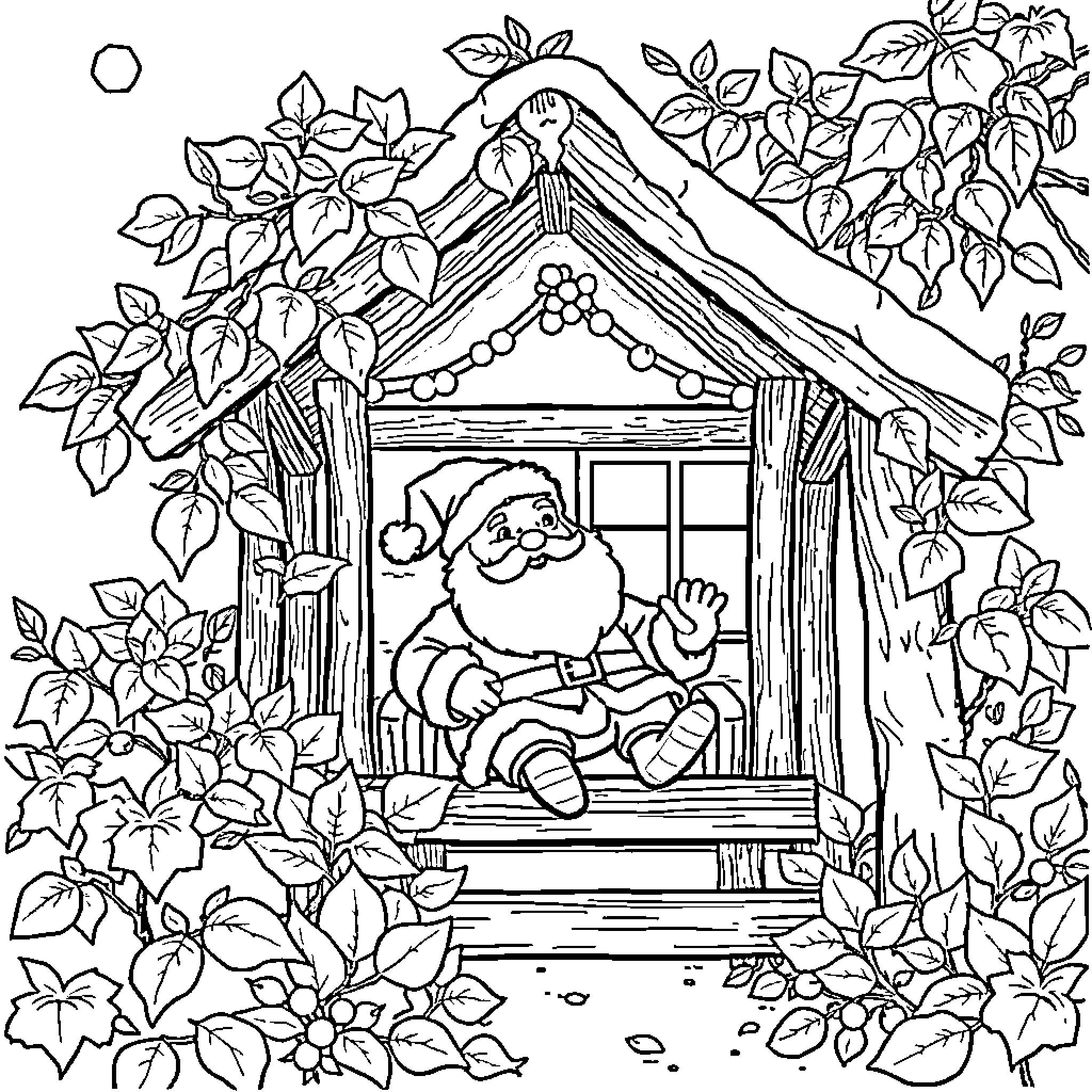 Cabane Santa Claus relaxing in a cozy wooden cabin Coloring Page (free black-and-white line drawing printable PDF for all, from beginners to advanced learners, including children, teens, adults, and seniors)