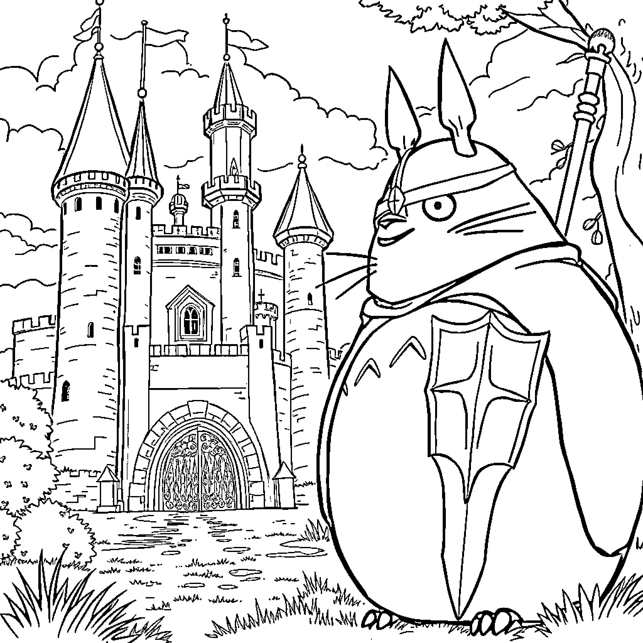 Totoro admiring the magical castle in the clouds Coloring Page (free black-and-white line drawing printable PDF for all, from beginners to advanced learners, including children, teens, adults, and seniors)