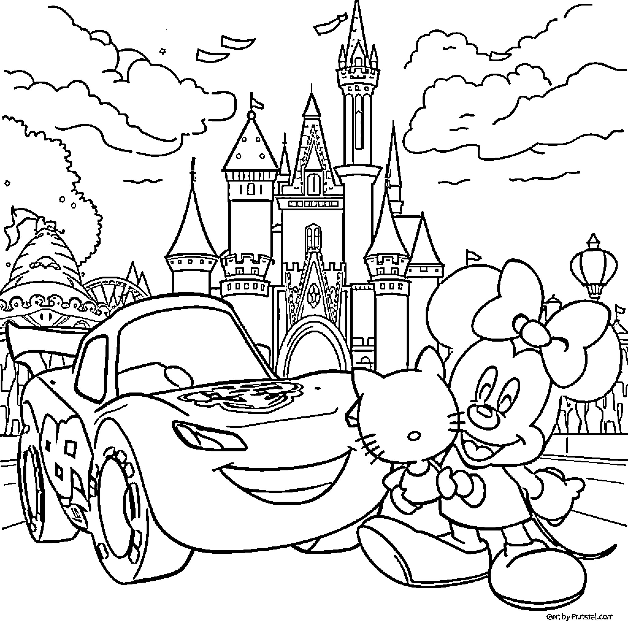 Mickey and Friends Visit the Castle Coloring Page (free black-and-white line drawing printable PDF for all, from beginners to advanced learners, including children, teens, adults, and seniors)