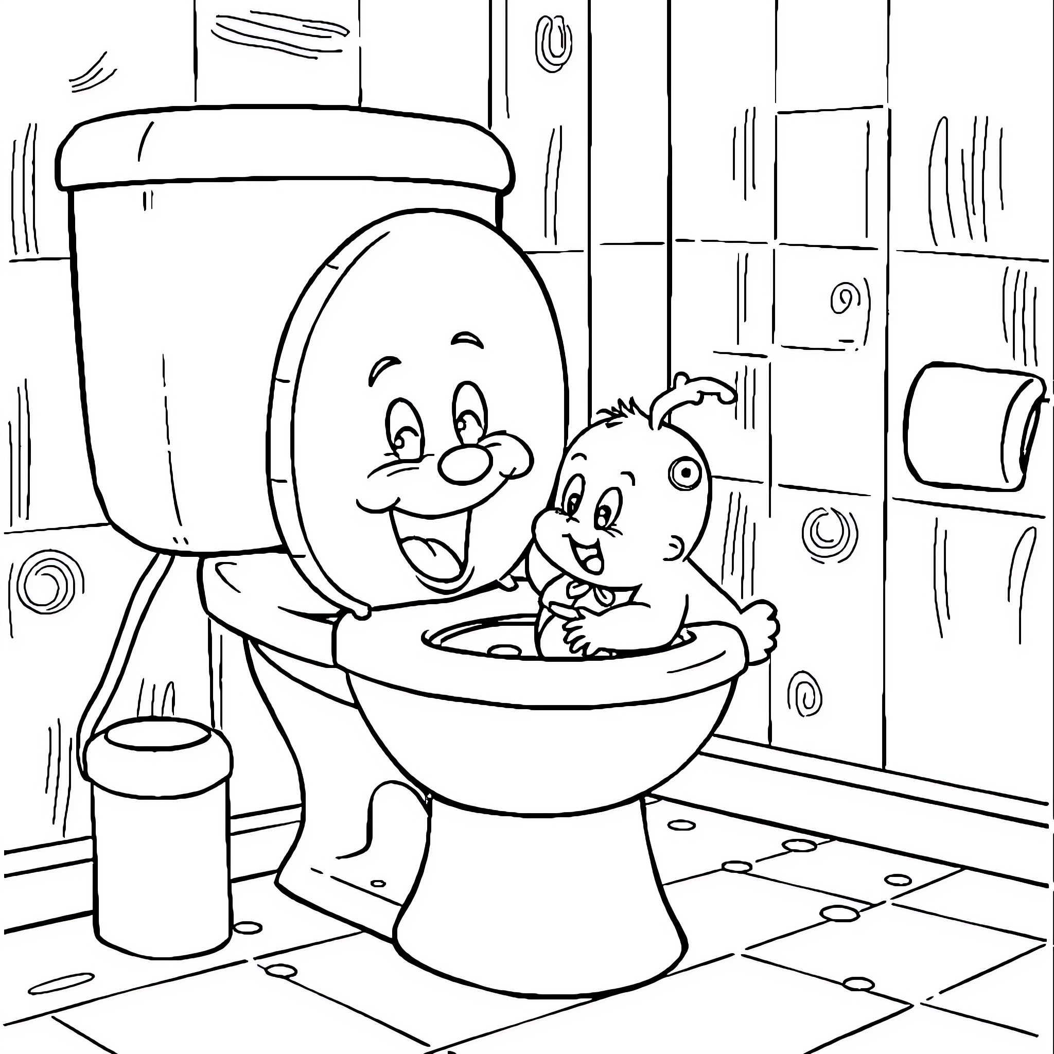 Skibidi Toilet Cartoon Characters in Bathroom Coloring Page (free black-and-white line drawing printable PDF for all, from beginners to advanced learners, including children, teens, adults, and seniors)