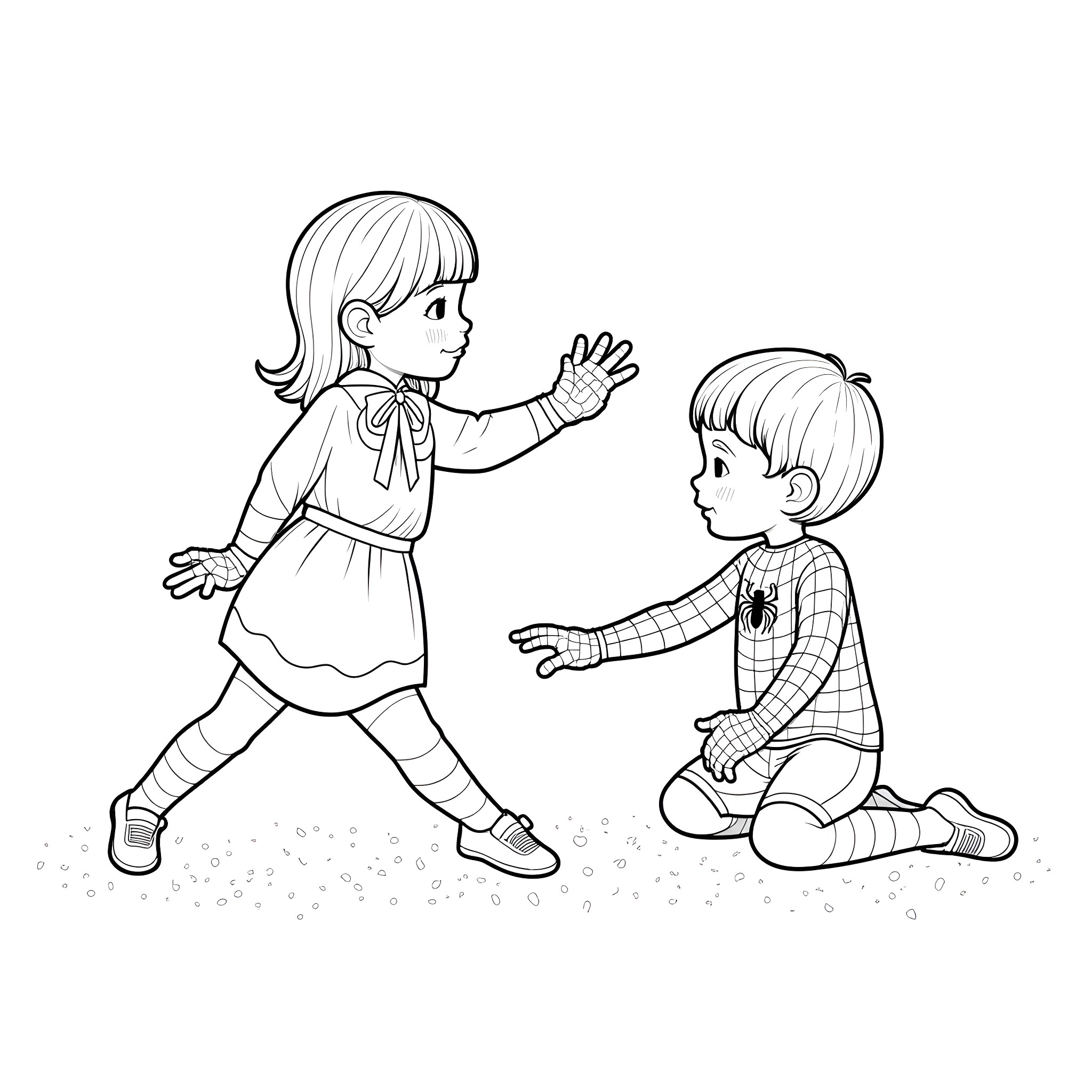 Spiderman interacting with a young girl in a park Coloring Page (free black-and-white line drawing printable PDF for all, from beginners to advanced learners, including children, teens, adults, and seniors)