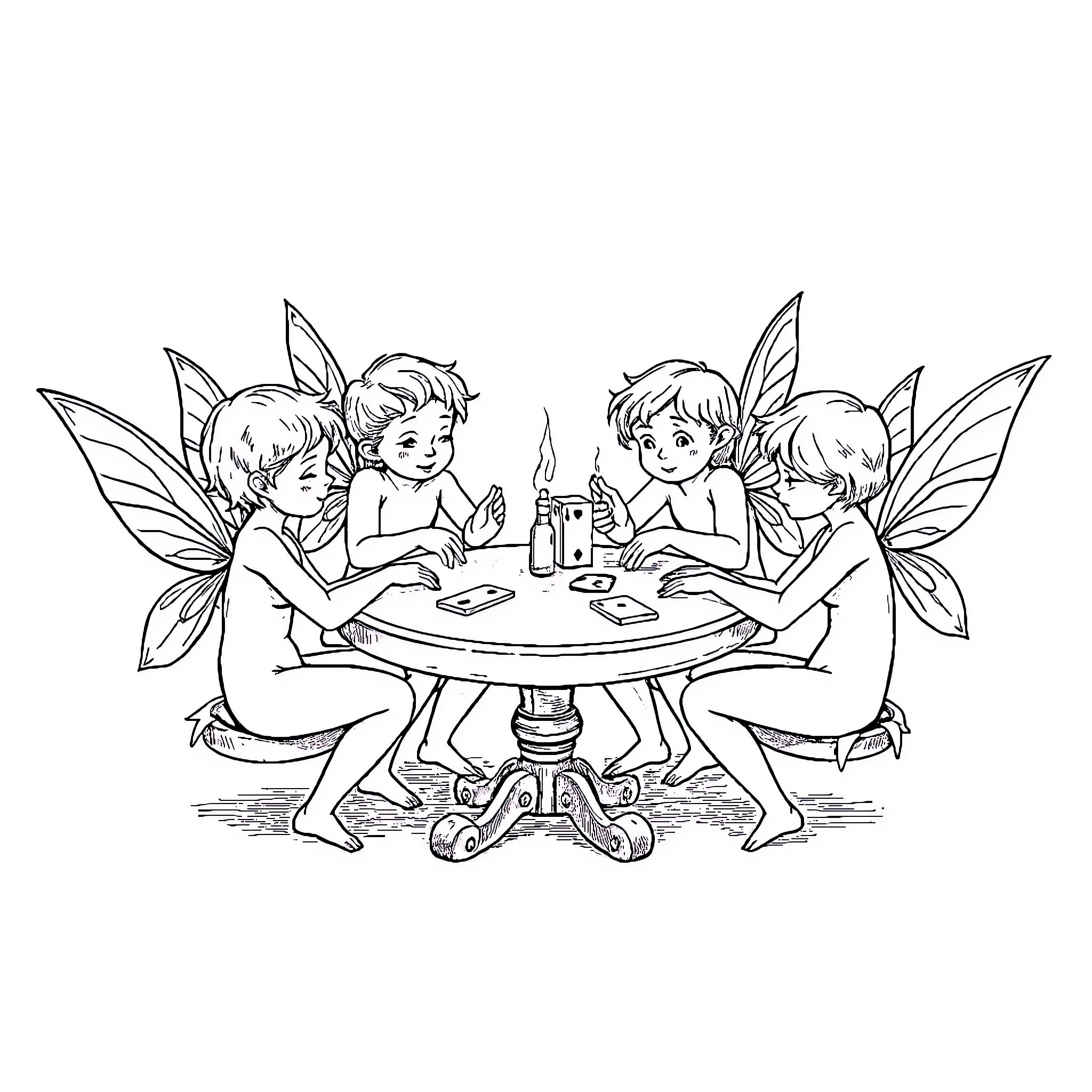 Fairy friends enjoying a tea party Coloring Page (free black-and-white line drawing printable PDF for all, from beginners to advanced learners, including children, teens, adults, and seniors)