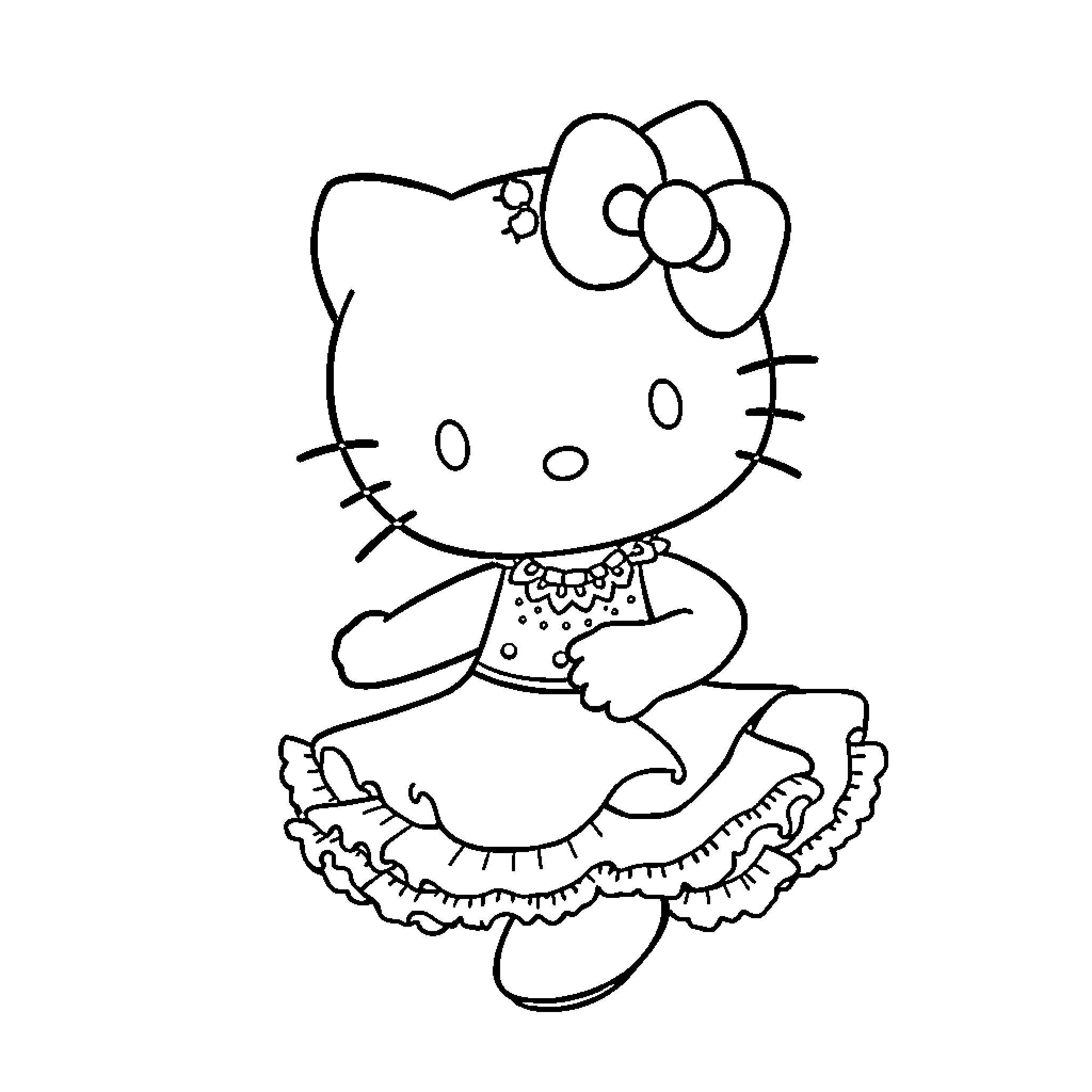 Hello Kitty in Frilly Dress and Bow Coloring Page (free black-and-white line drawing printable PDF for all, from beginners to advanced learners, including children, teens, adults, and seniors)