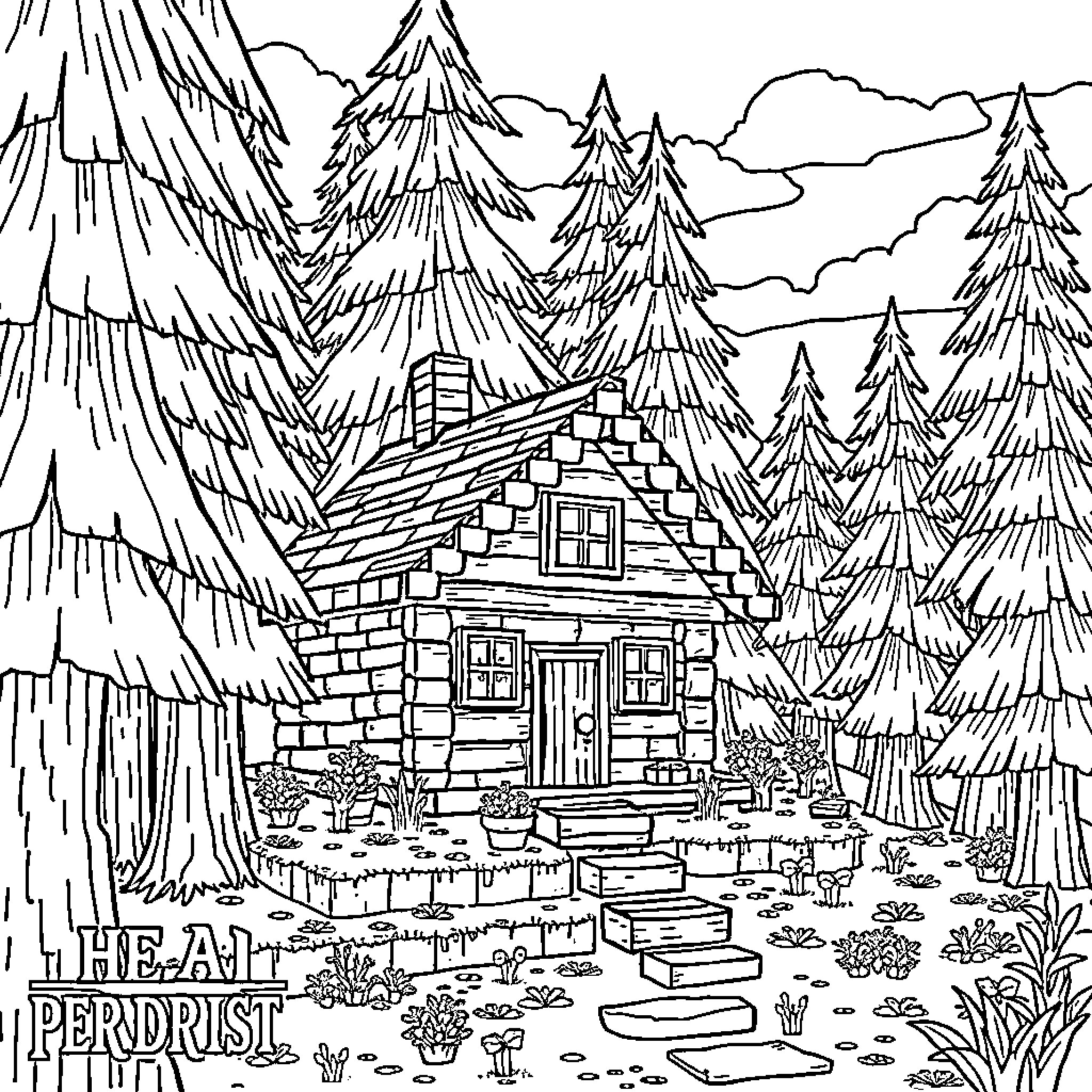 Cabin in the Pine Forest Coloring Page (free black-and-white line drawing printable PDF for all, from beginners to advanced learners, including children, teens, adults, and seniors)