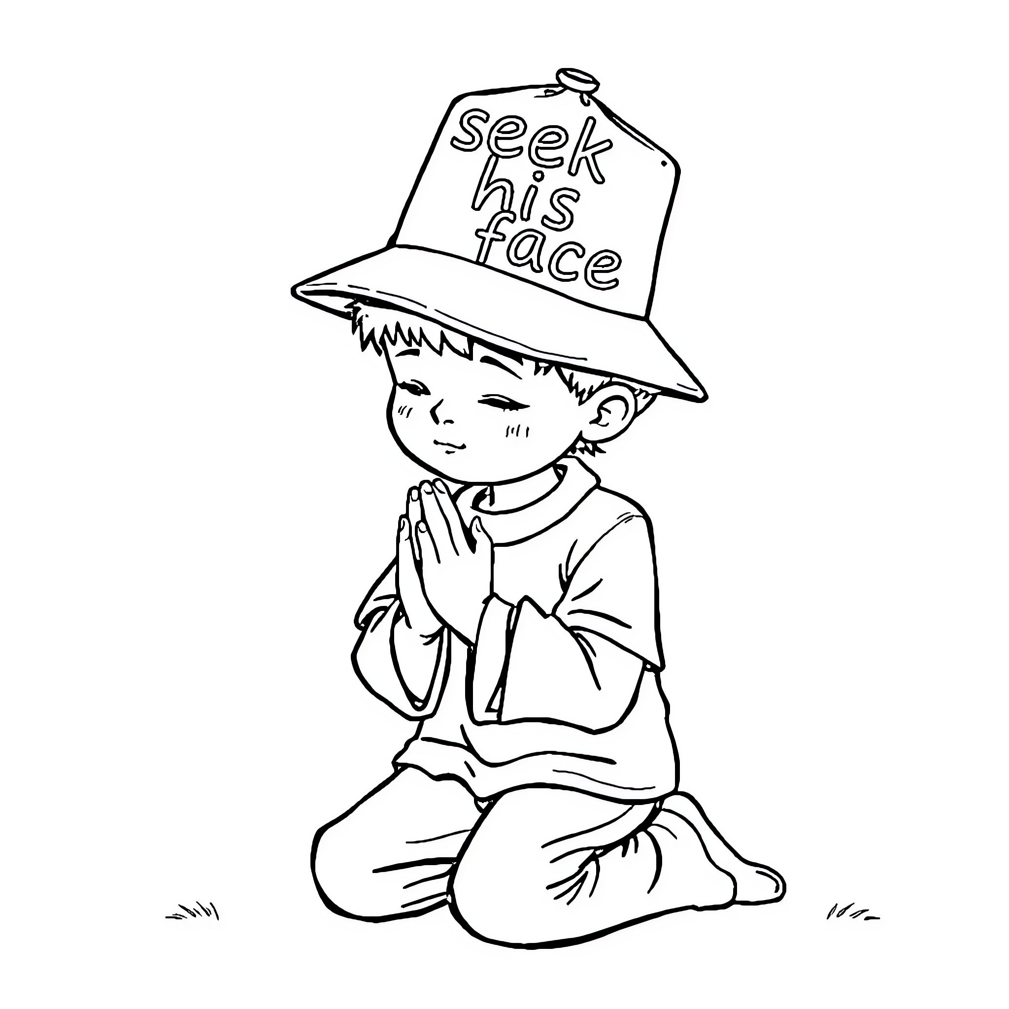 Kid seeking guidance with a thoughtful expression Coloring Page (free black-and-white line drawing printable PDF for all, from beginners to advanced learners, including children, teens, adults, and seniors)