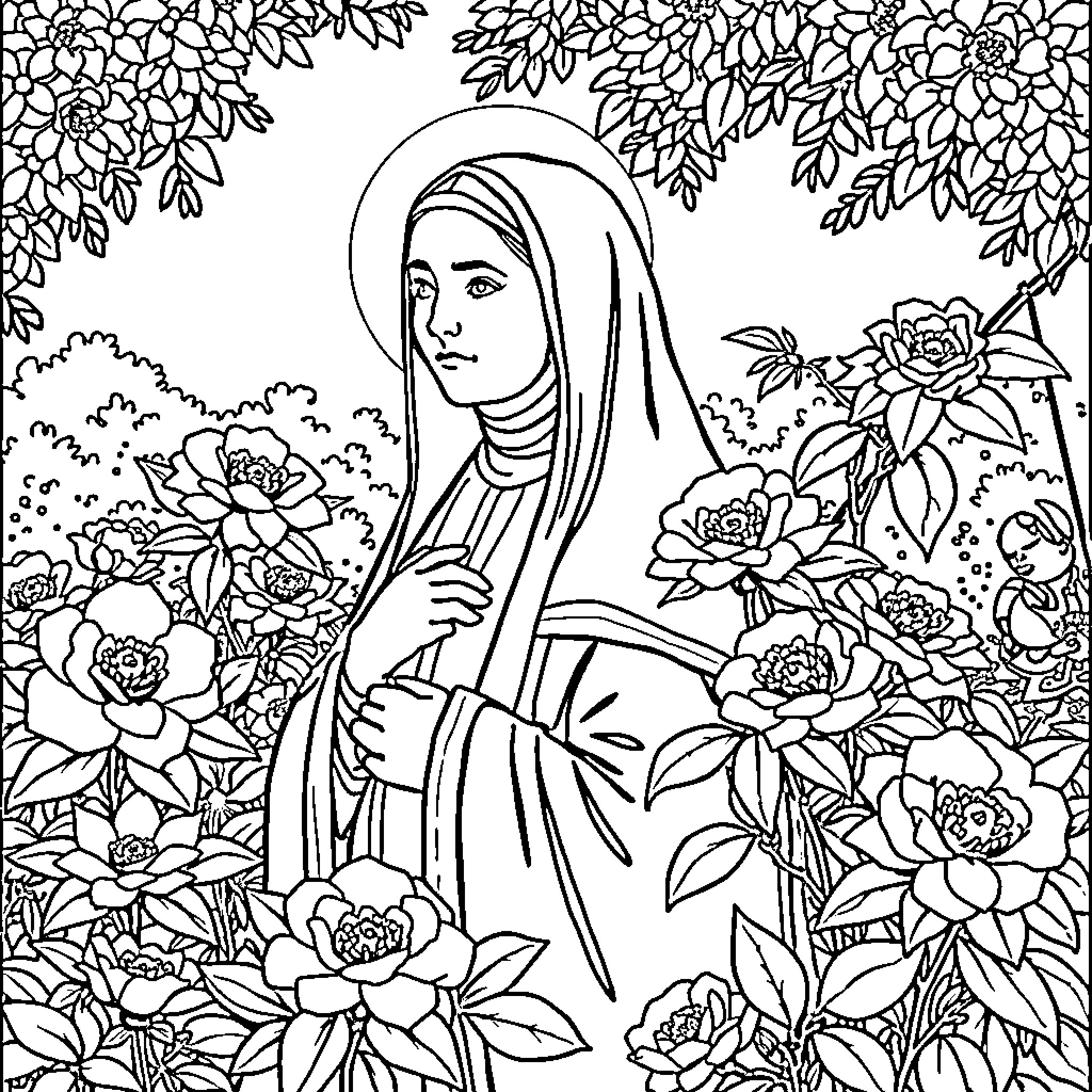 Saint Therese surrounded by beautiful flowers Coloring Page (free black-and-white line drawing printable PDF for all, from beginners to advanced learners, including children, teens, adults, and seniors)