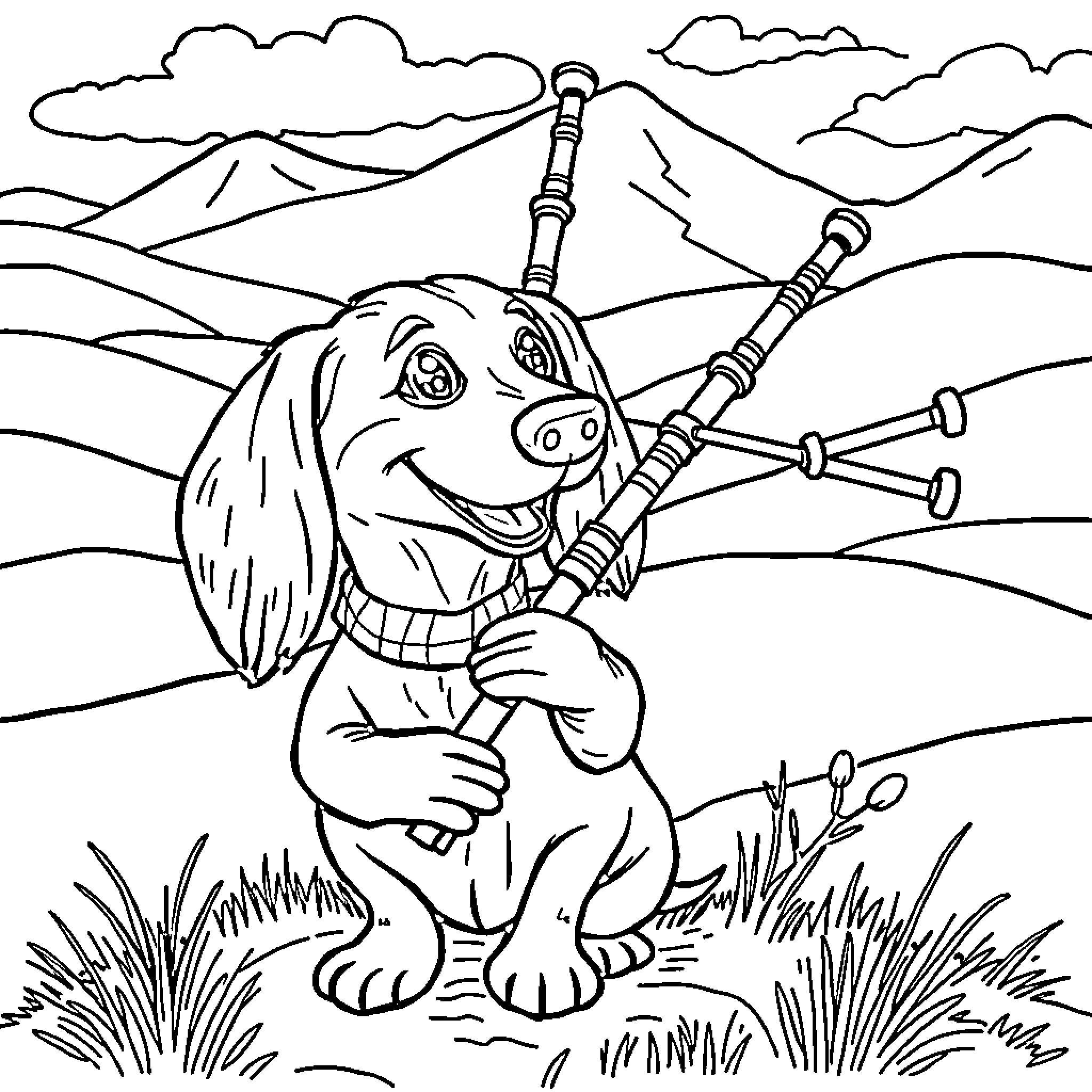 Dachshund playing joyfully with bagpipes in scenic landscape Coloring Page (free black-and-white line drawing printable PDF for all, from beginners to advanced learners, including children, teens, adults, and seniors)