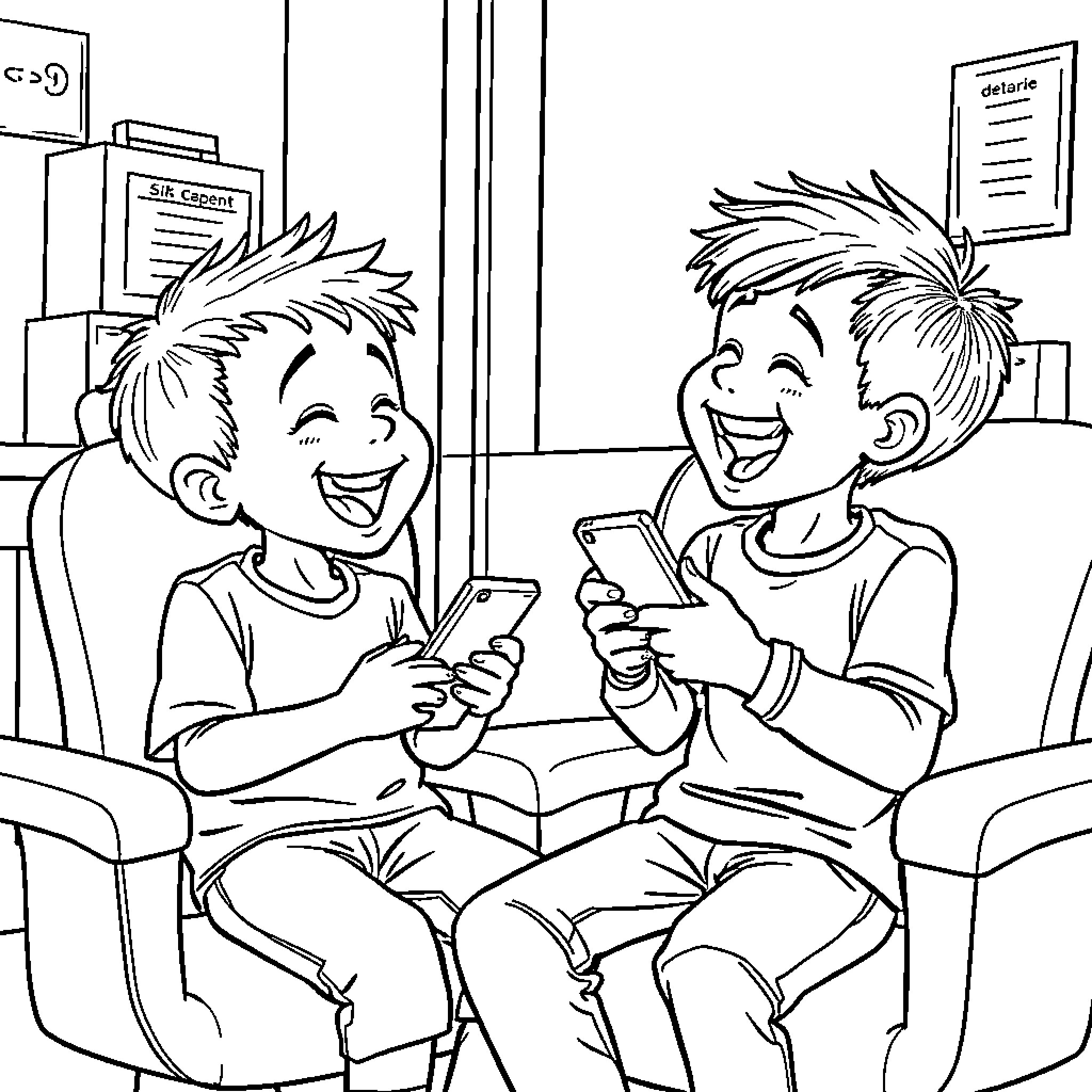 Boys laughing and playing video games together Coloring Page (free black-and-white line drawing printable PDF for all, from beginners to advanced learners, including children, teens, adults, and seniors)