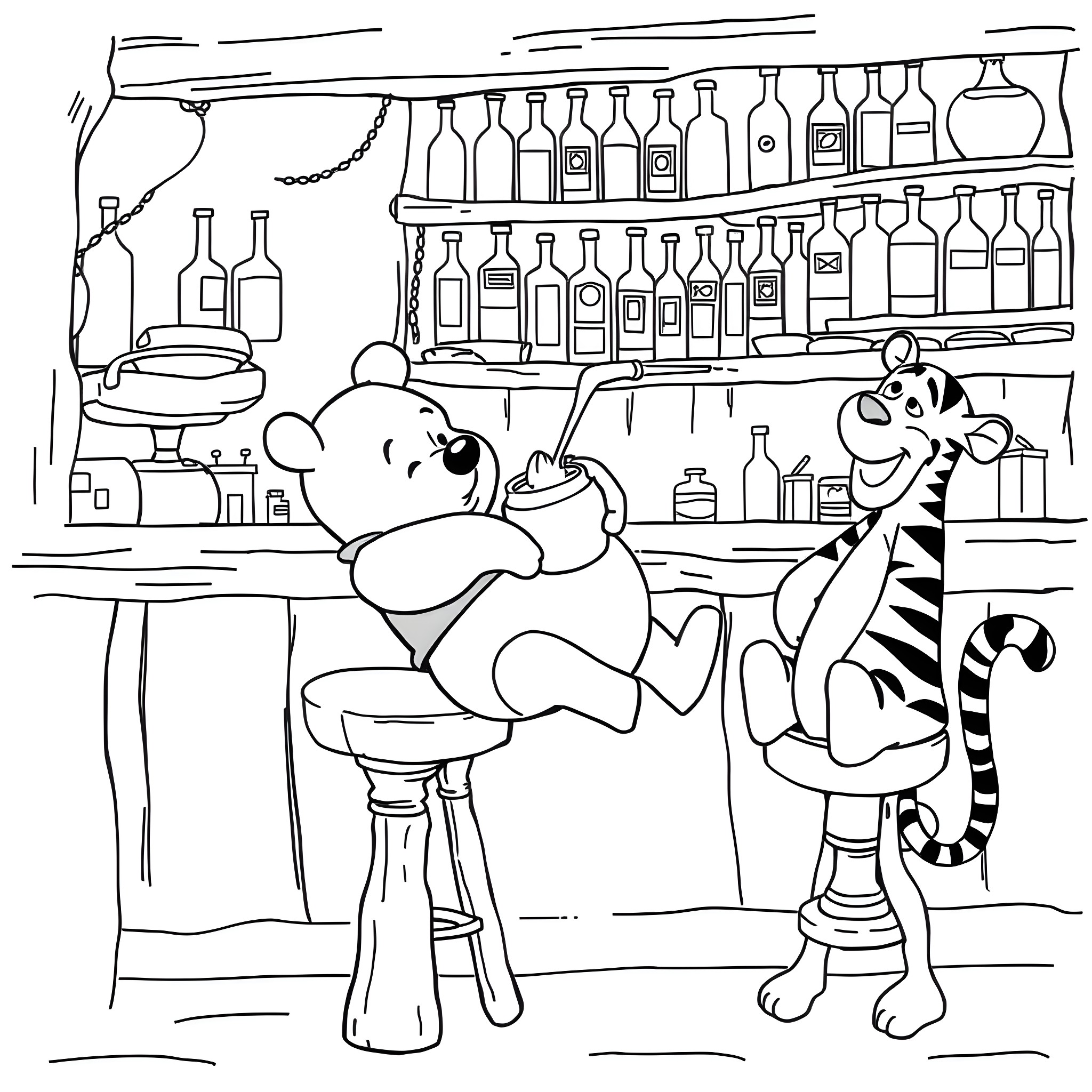 Winnie The Pooh and Tigger enjoy a night out at the bar Coloring Page (free black-and-white line drawing printable PDF for all, from beginners to advanced learners, including children, teens, adults, and seniors)