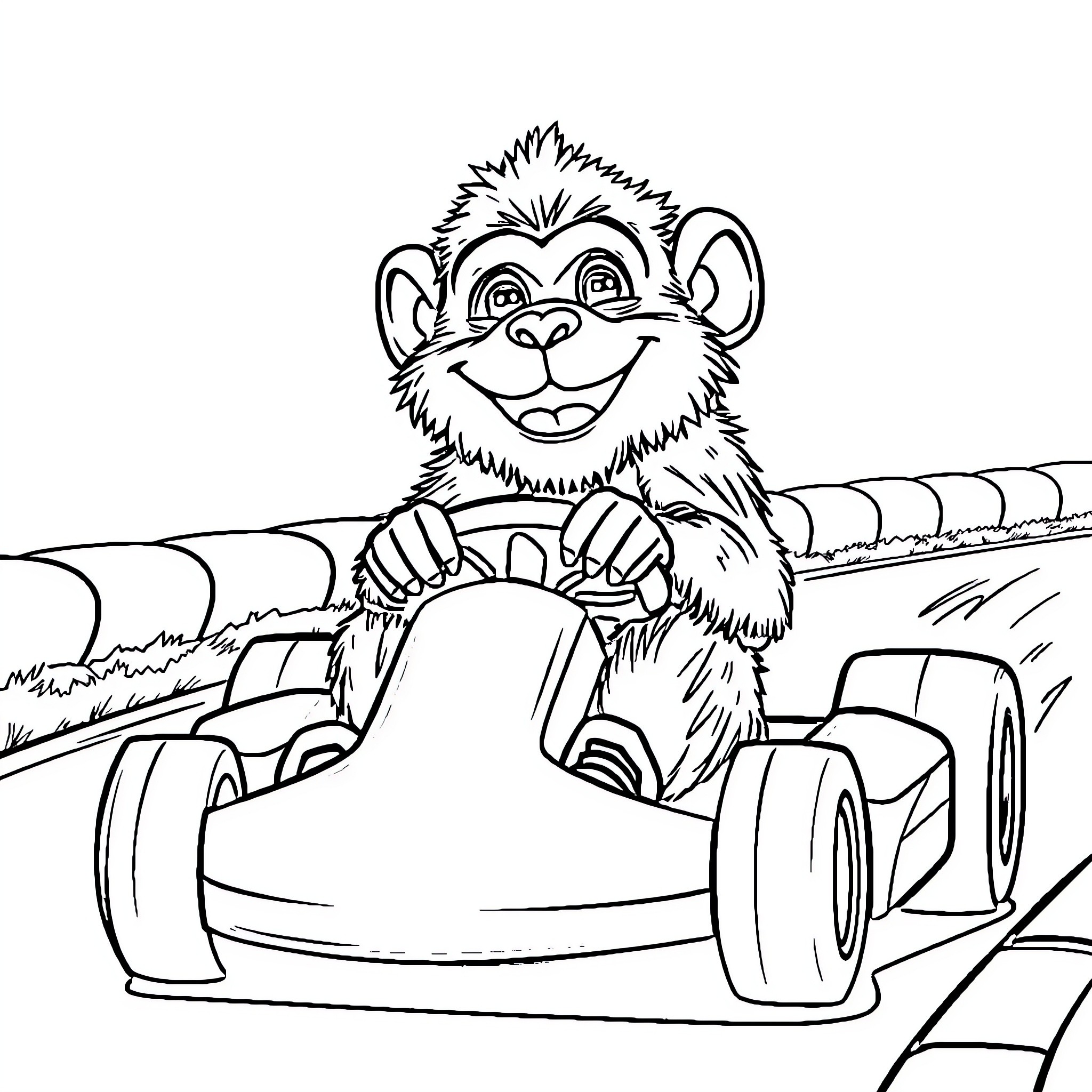 Monkey riding a go-kart on a racetrack Coloring Page (free black-and-white line drawing printable PDF for all, from beginners to advanced learners, including children, teens, adults, and seniors)