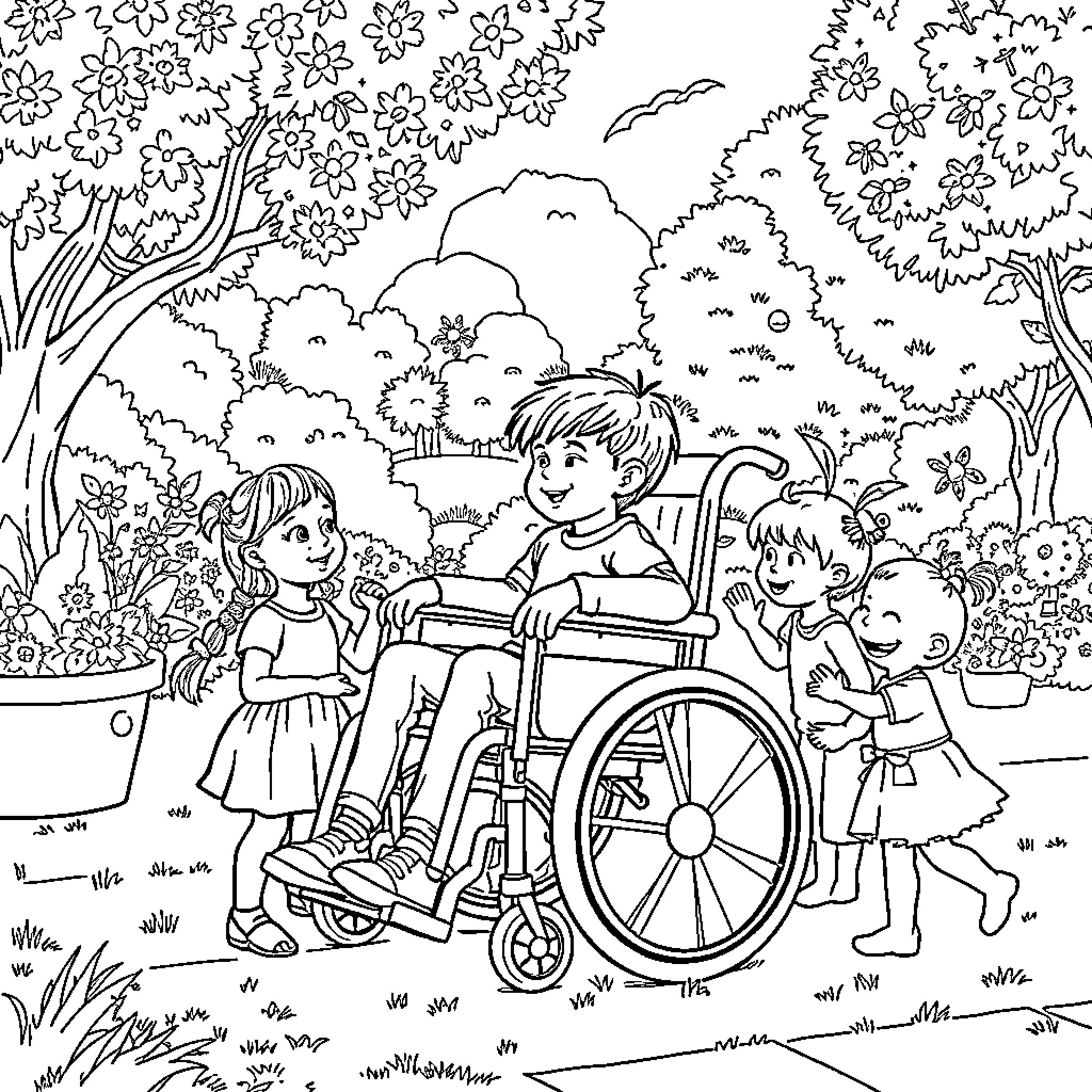 Boy in wheelchair surrounded by friends in nature Coloring Page (free black-and-white line drawing printable PDF for all, from beginners to advanced learners, including children, teens, adults, and seniors)