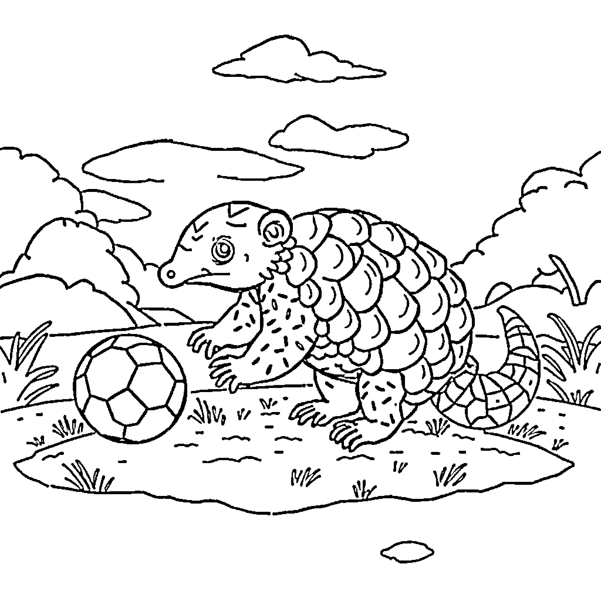 Pangolin playing with soccer ball in the meadow Coloring Page (free black-and-white line drawing printable PDF for all, from beginners to advanced learners, including children, teens, adults, and seniors)
