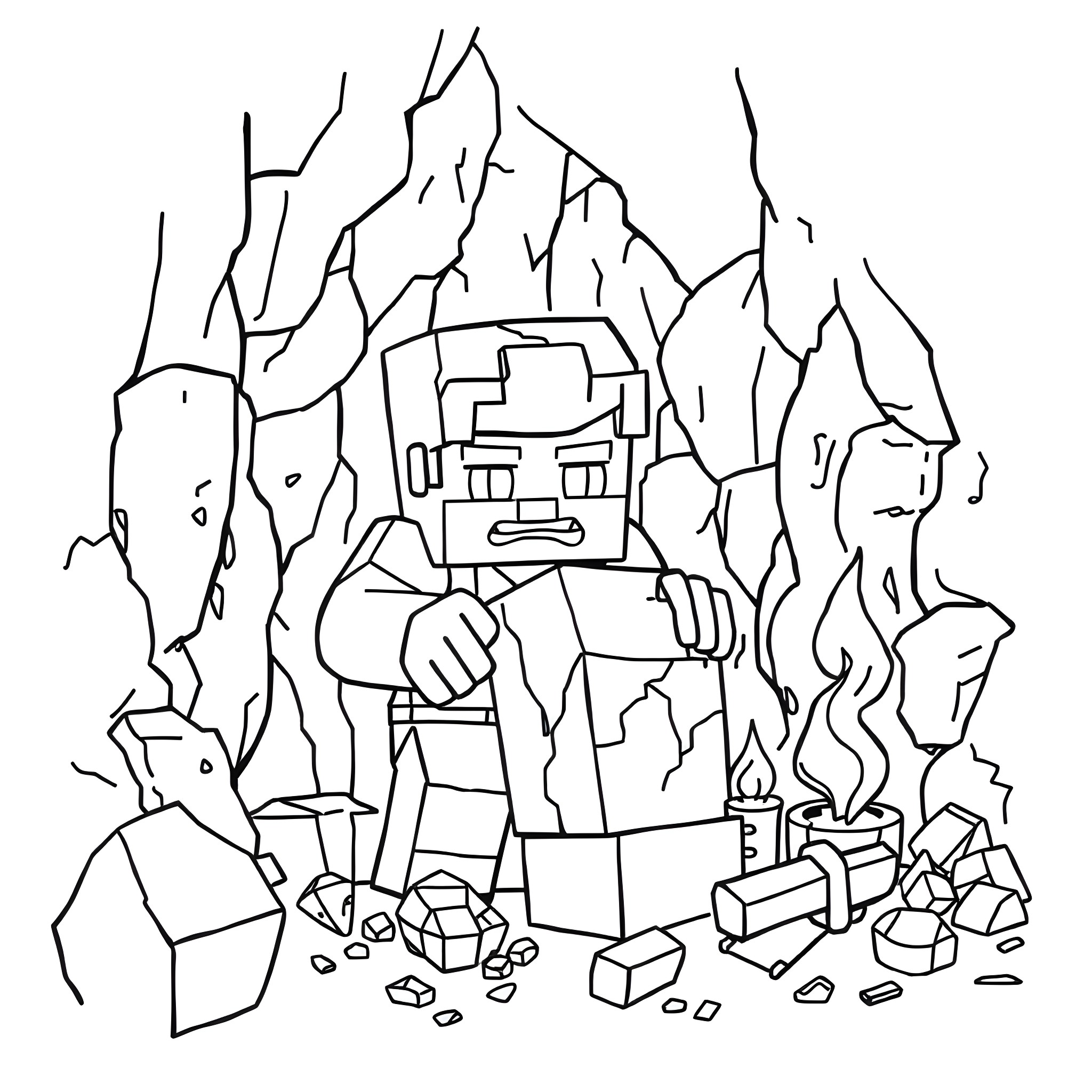 Steve exploring the rocky cave with his trusty lamp Coloring Page (free black-and-white line drawing printable PDF for all, from beginners to advanced learners, including children, teens, adults, and seniors)