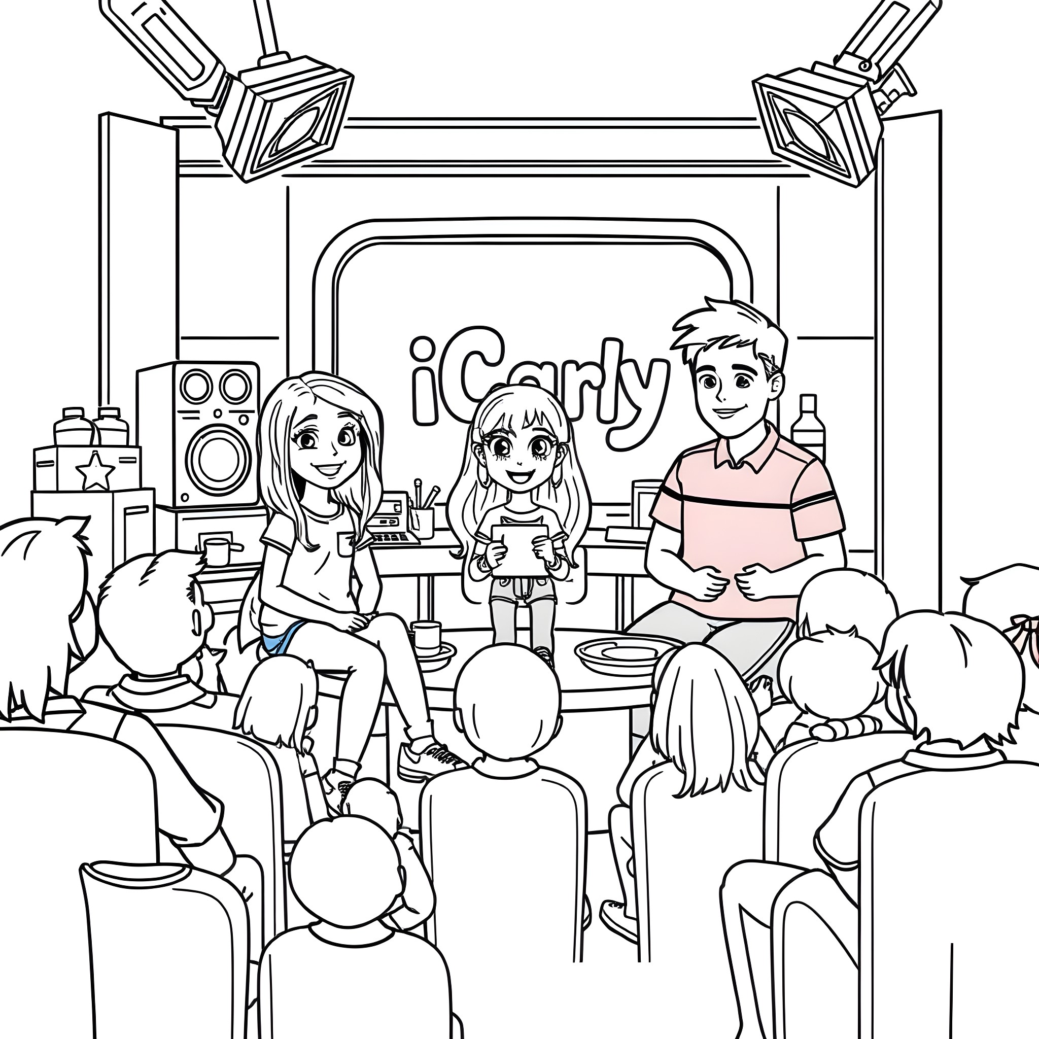 Icarly characters in a live studio audience setting Coloring Page (free black-and-white line drawing printable PDF for all, from beginners to advanced learners, including children, teens, adults, and seniors)