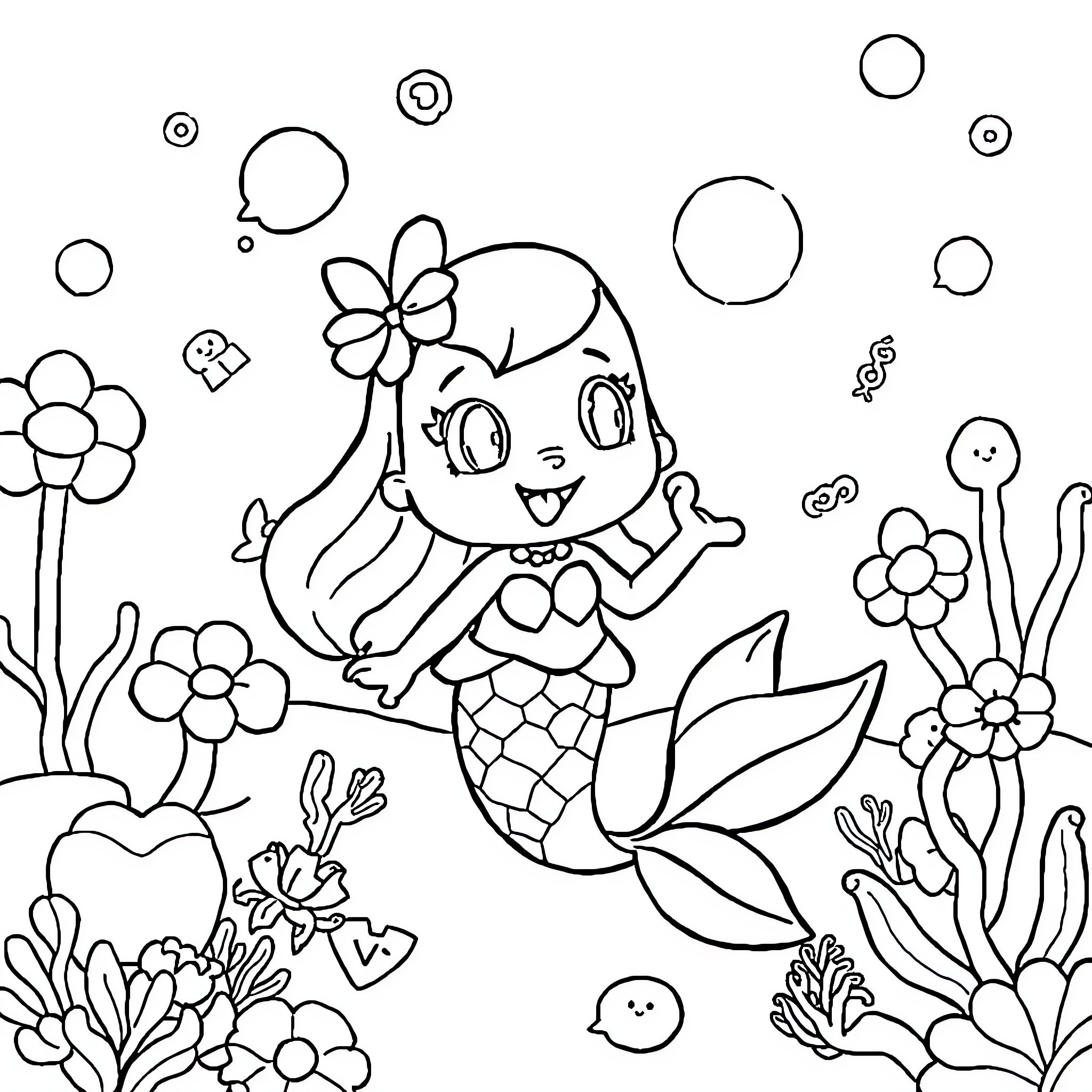 Mermaid playing joyfully in an underwater garden Coloring Page (free black-and-white line drawing printable PDF for all, from beginners to advanced learners, including children, teens, adults, and seniors)