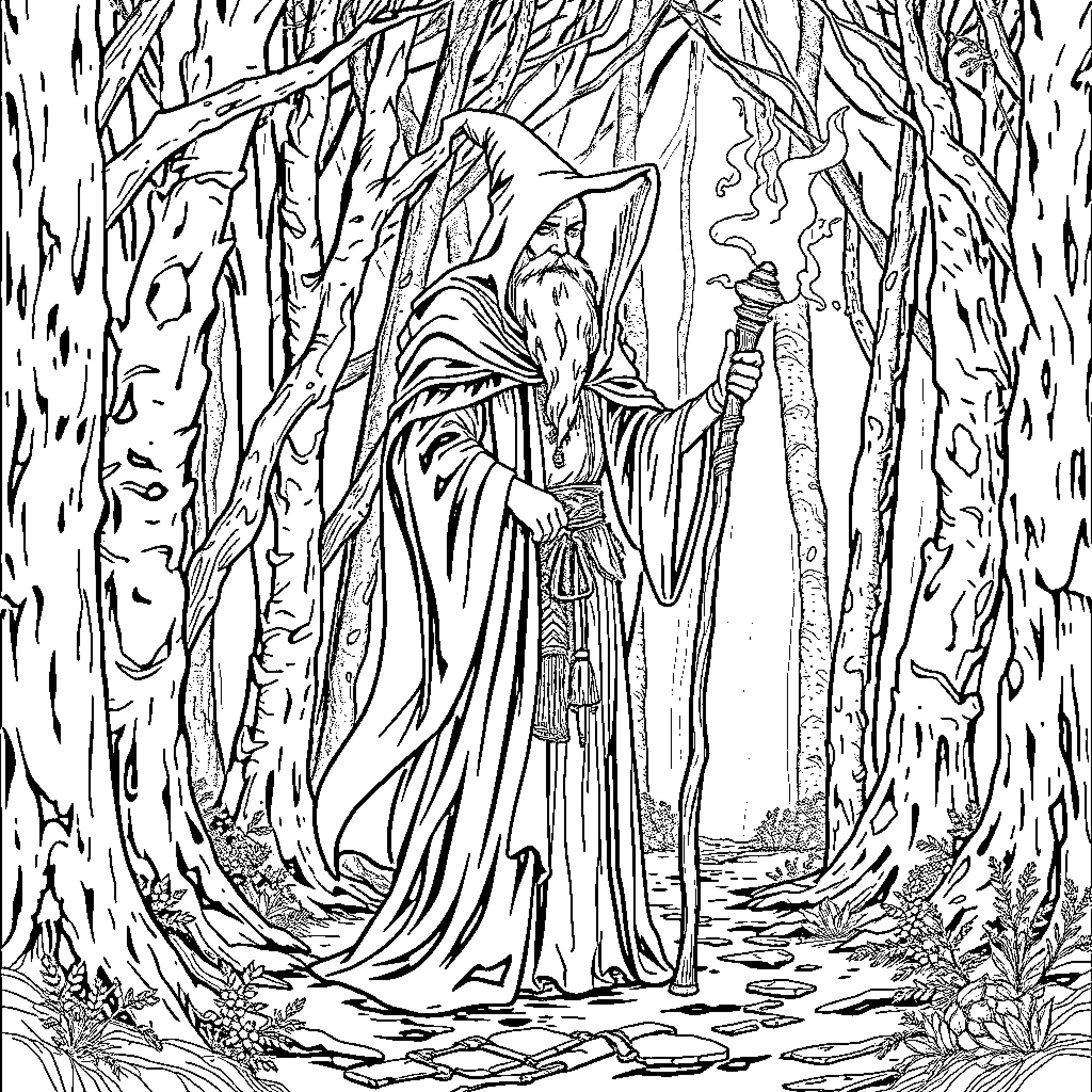 Mage in mysterious forest with staff Coloring Page (free black-and-white line drawing printable PDF for all, from beginners to advanced learners, including children, teens, adults, and seniors)
