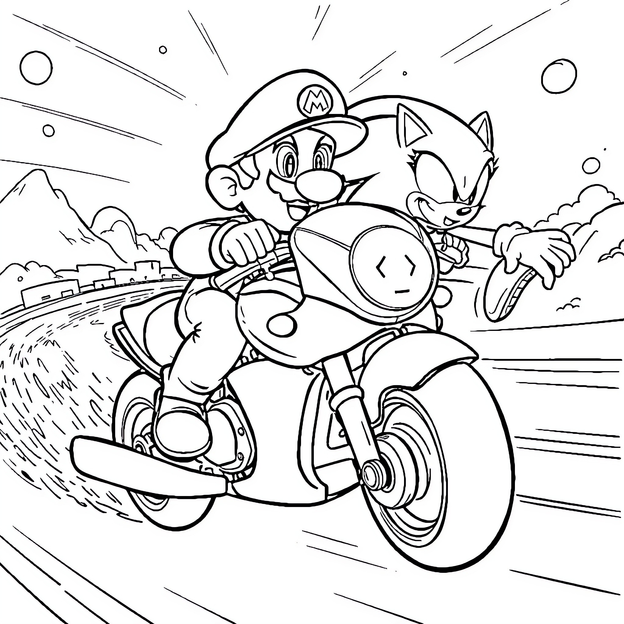 Mario Brothers racing on a motorcycle Coloring Page (free black-and-white line drawing printable PDF for all, from beginners to advanced learners, including children, teens, adults, and seniors)
