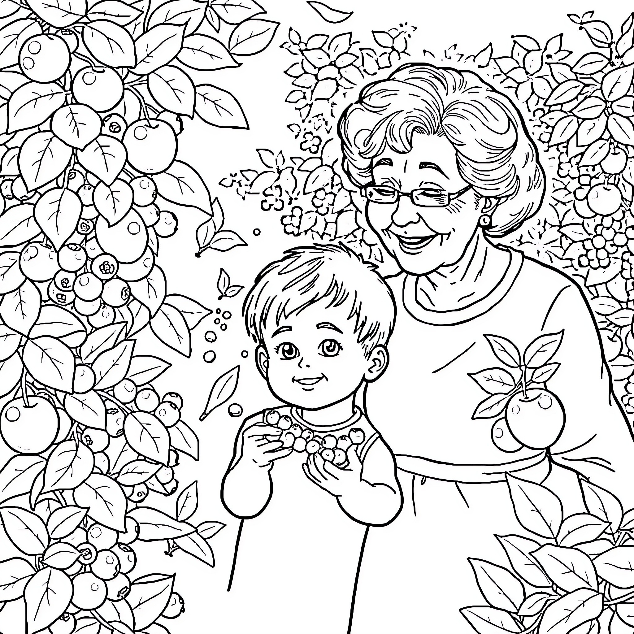Boy and grandmother enjoying nature together Coloring Page (free black-and-white line drawing printable PDF for all, from beginners to advanced learners, including children, teens, adults, and seniors)