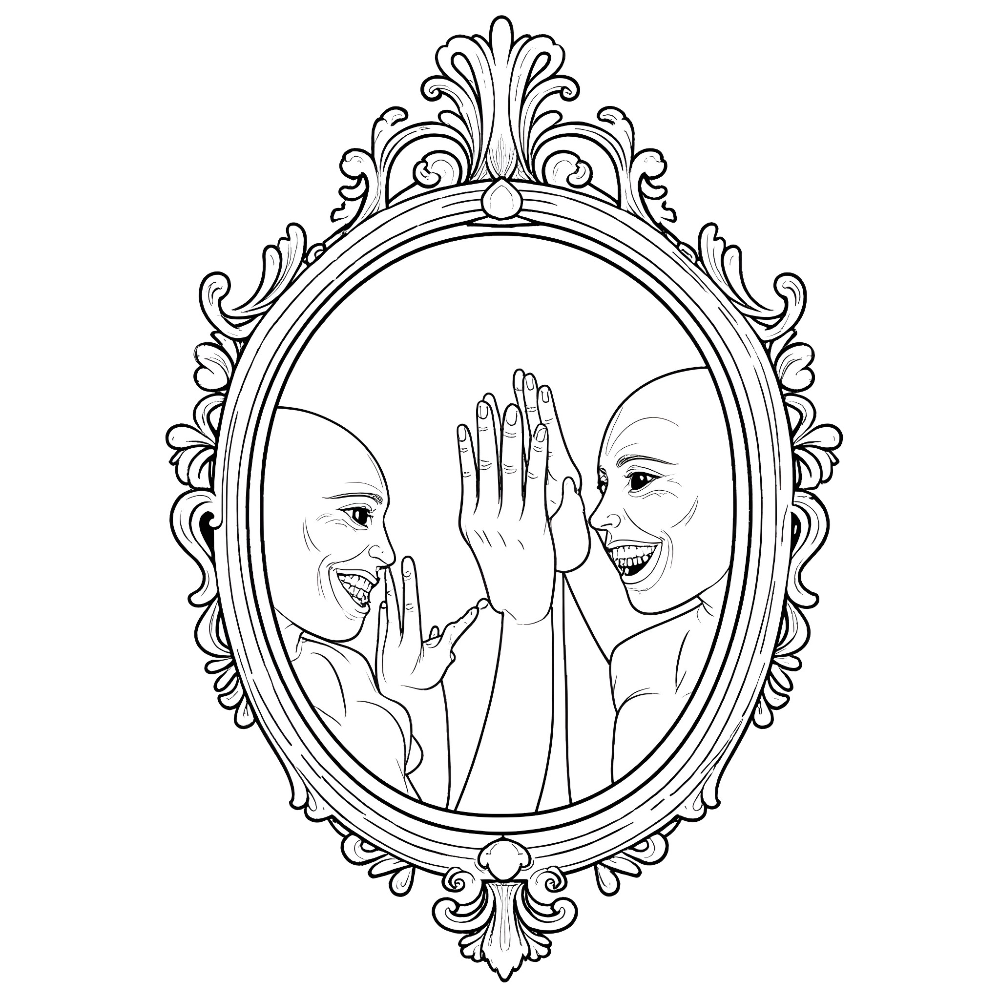 Mirror of smiling faces with hands Coloring Page (free black-and-white line drawing printable PDF for all, from beginners to advanced learners, including children, teens, adults, and seniors)