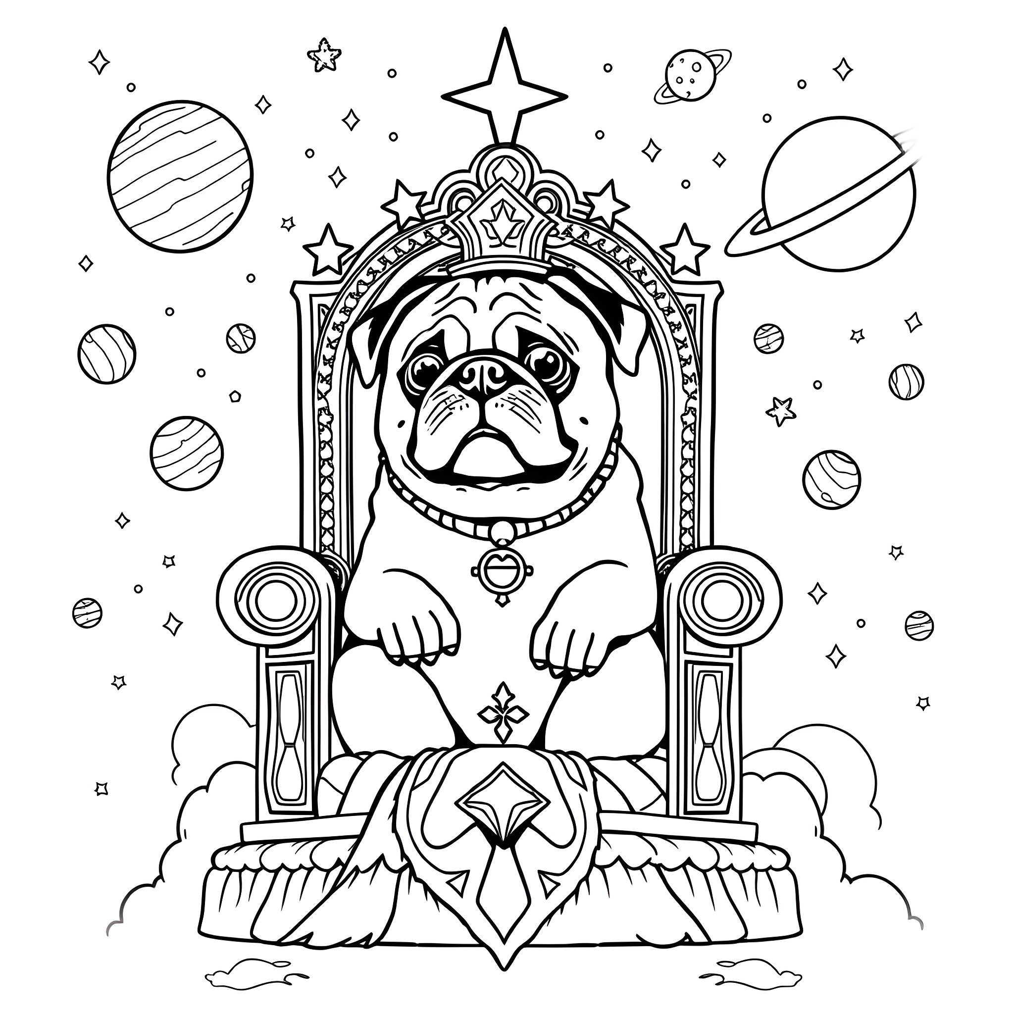 Pug in cosmic throne with planets and stars Coloring Page (free black-and-white line drawing printable PDF for all, from beginners to advanced learners, including children, teens, adults, and seniors)