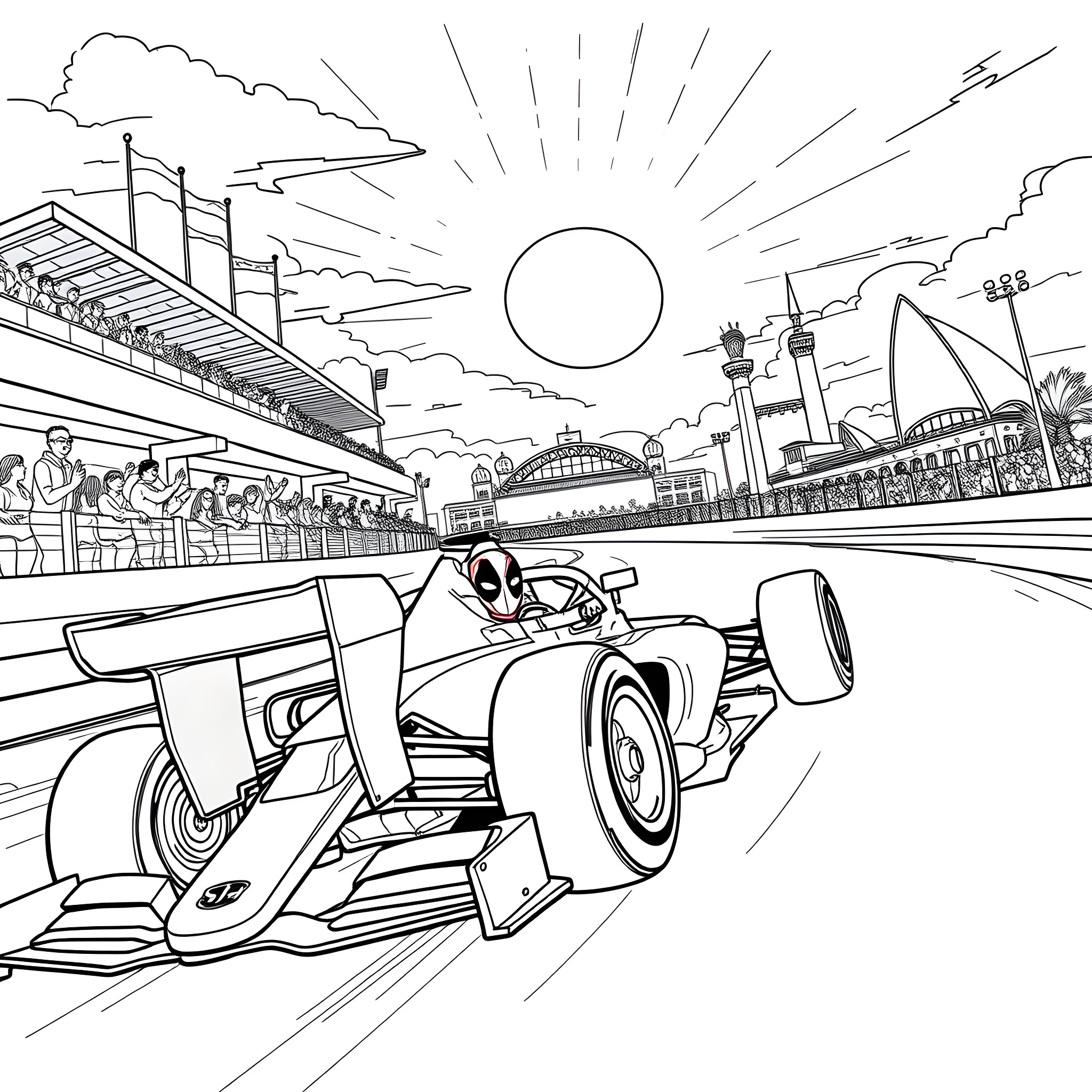 Deadpool Speeds Through Cityscape in Racing Car Coloring Page (free black-and-white line drawing printable PDF for all, from beginners to advanced learners, including children, teens, adults, and seniors)
