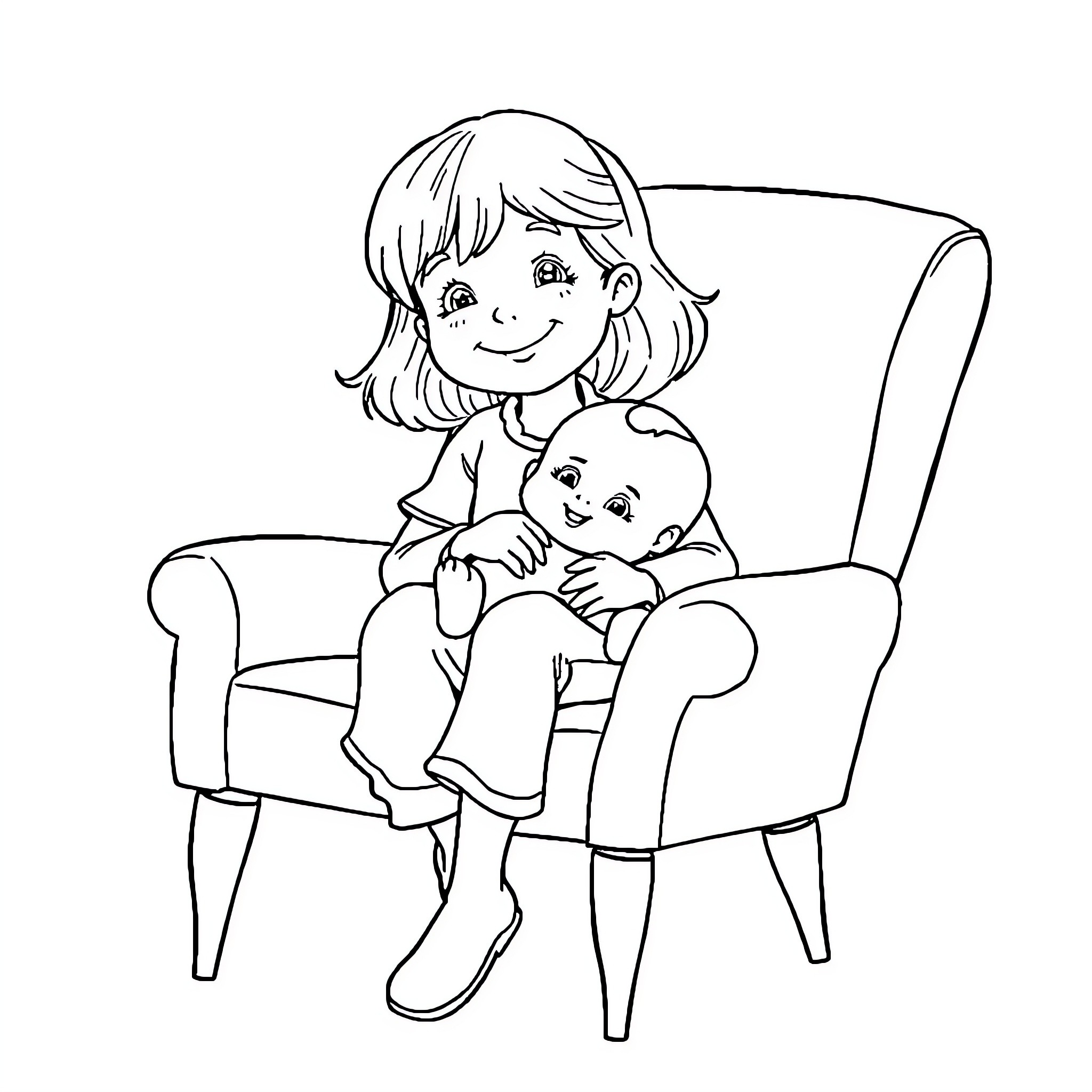 Girl comforting baby in armchair Coloring Page (free black-and-white line drawing printable PDF for all, from beginners to advanced learners, including children, teens, adults, and seniors)