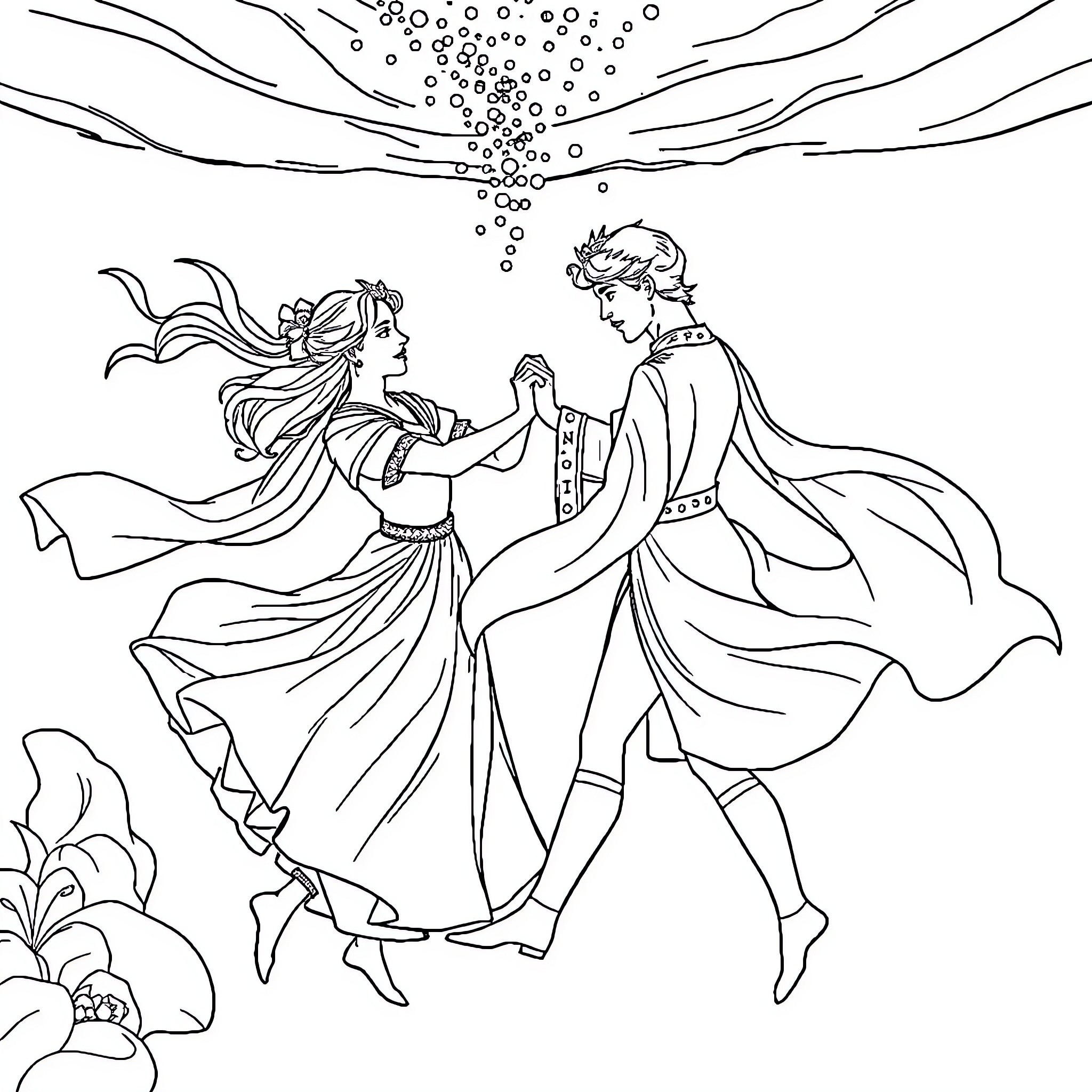 Prince and Princess Dancing Under the Stars Coloring Page (free black-and-white line drawing printable PDF for all, from beginners to advanced learners, including children, teens, adults, and seniors)