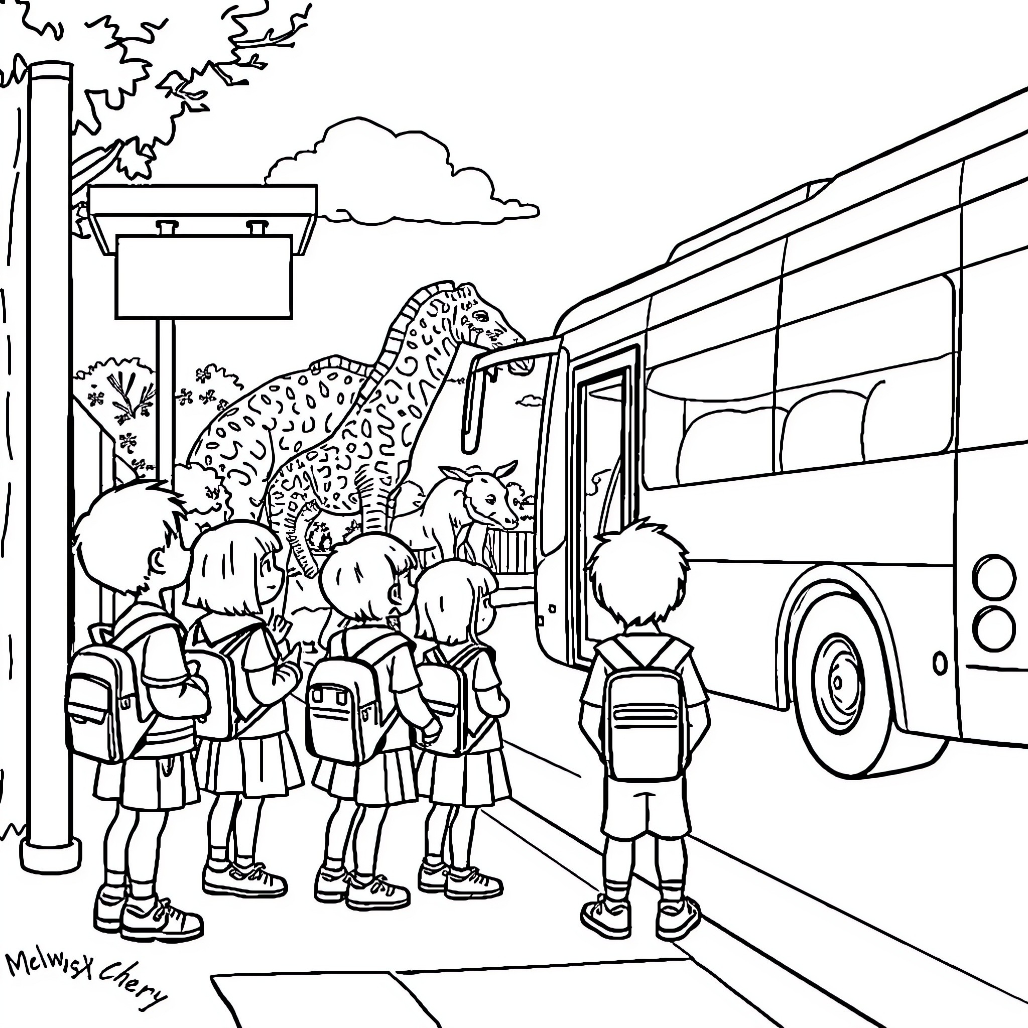 Bus Boarding Students for Field Trip Coloring Page (free black-and-white line drawing printable PDF for all, from beginners to advanced learners, including children, teens, adults, and seniors)