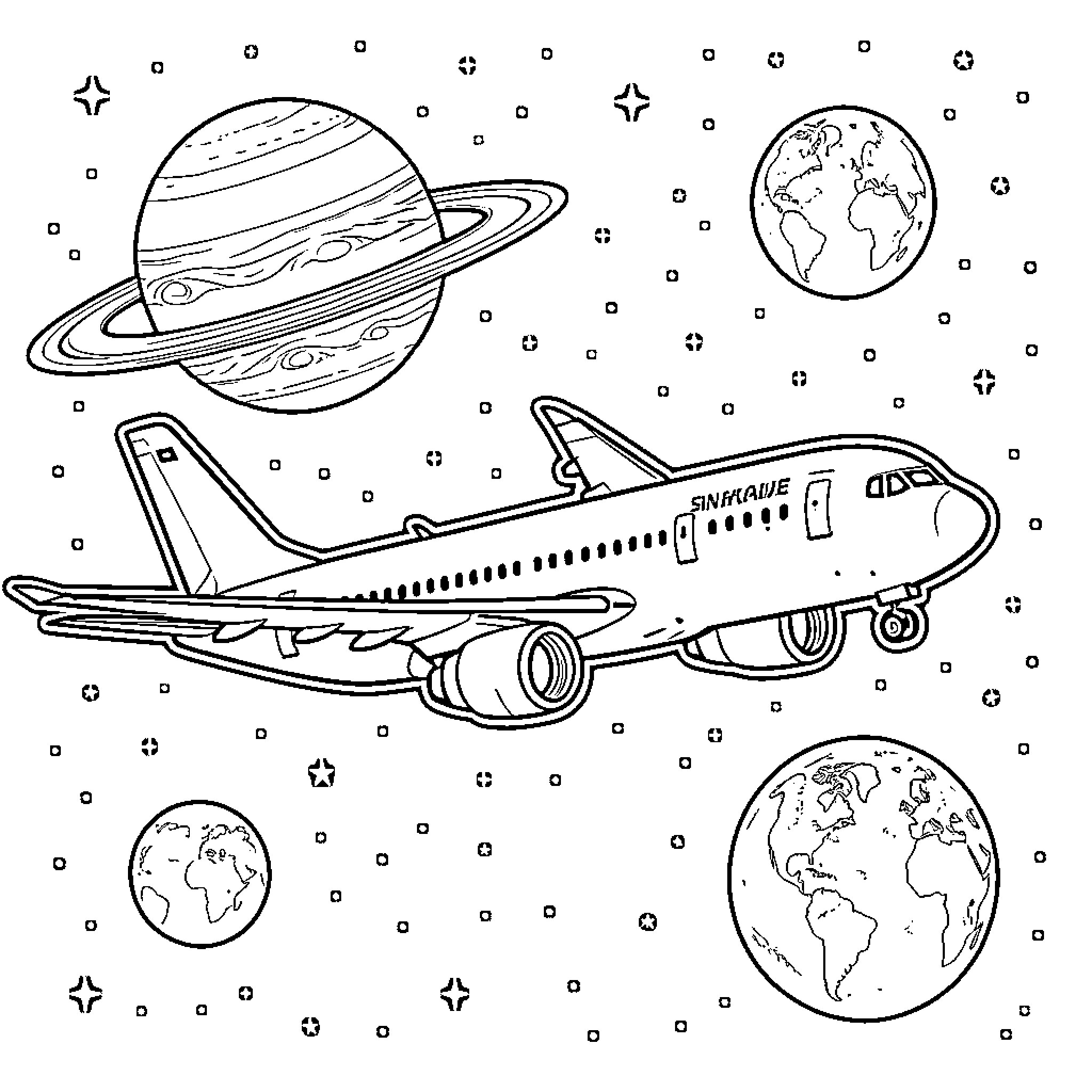 Avión viajando a través de galaxias y planetas Coloring Page (free black-and-white line drawing printable PDF for all, from beginners to advanced learners, including children, teens, adults, and seniors)