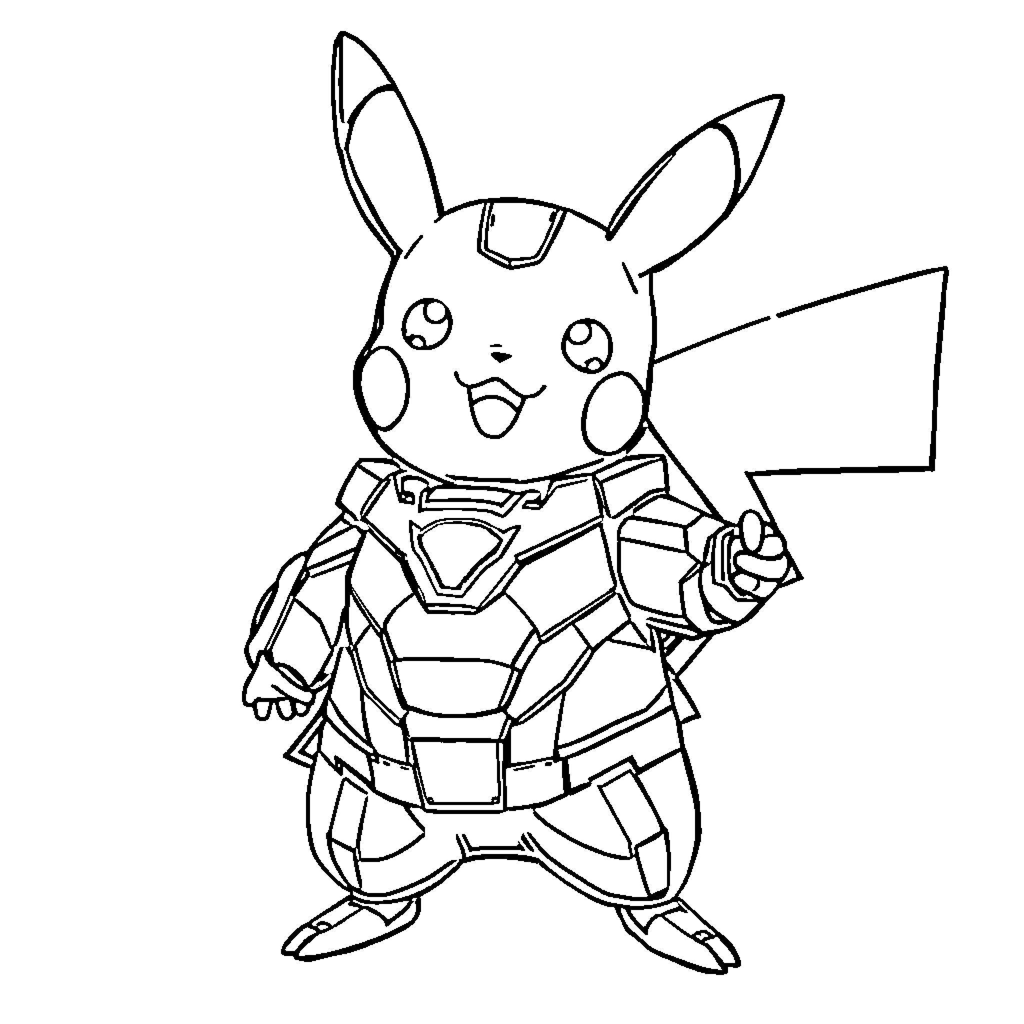 Pikachu in superhero costume Coloring Page (free black-and-white line drawing printable PDF for all, from beginners to advanced learners, including children, teens, adults, and seniors)