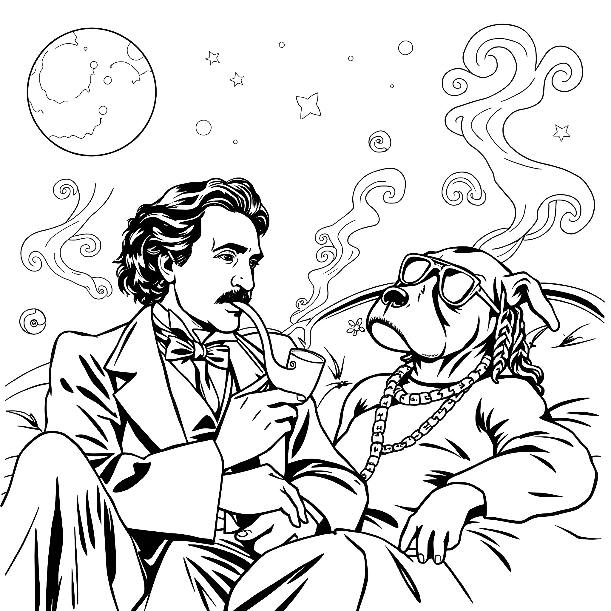 Edgar Allen Poe and His Peculiar Companion Coloring Page (free black-and-white line drawing printable PDF for all, from beginners to advanced learners, including children, teens, adults, and seniors)