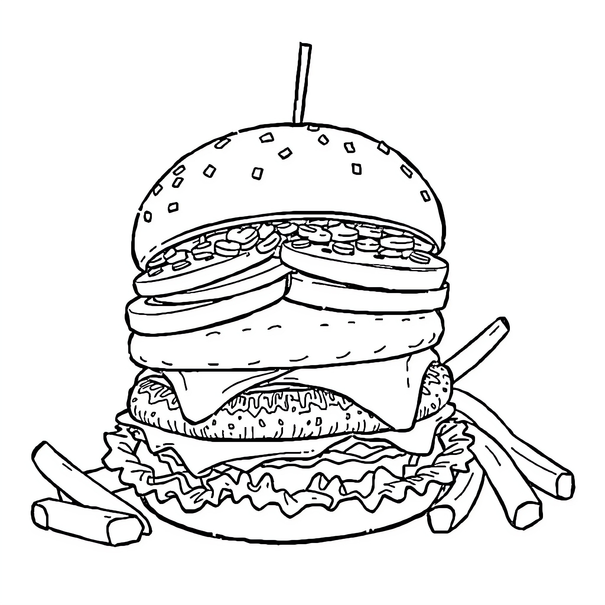 Bob's Delicious Burger Delight Coloring Page (free black-and-white line drawing printable PDF for all, from beginners to advanced learners, including children, teens, adults, and seniors)