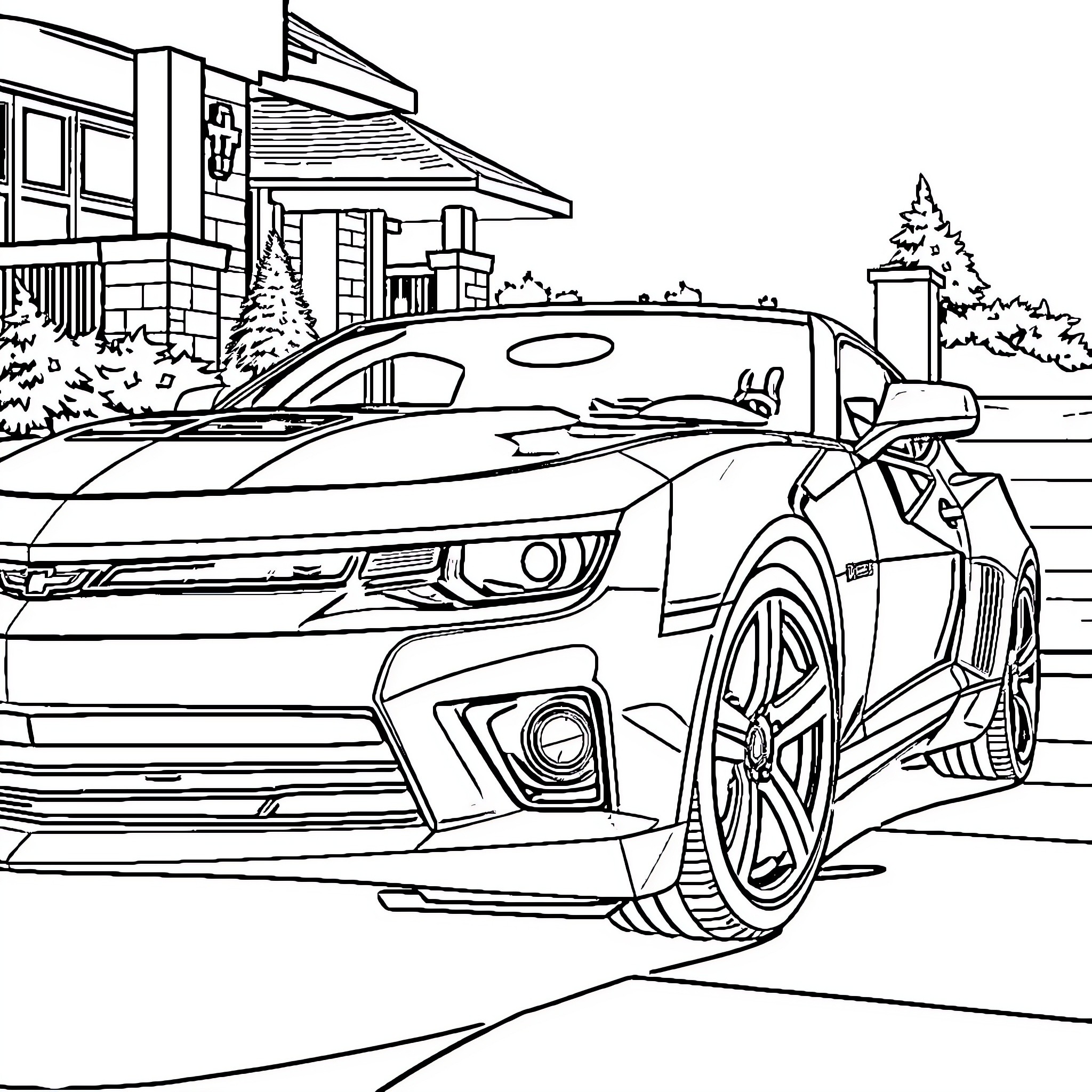 Camaro speeding through the city streets Coloring Page (free black-and-white line drawing printable PDF for all, from beginners to advanced learners, including children, teens, adults, and seniors)