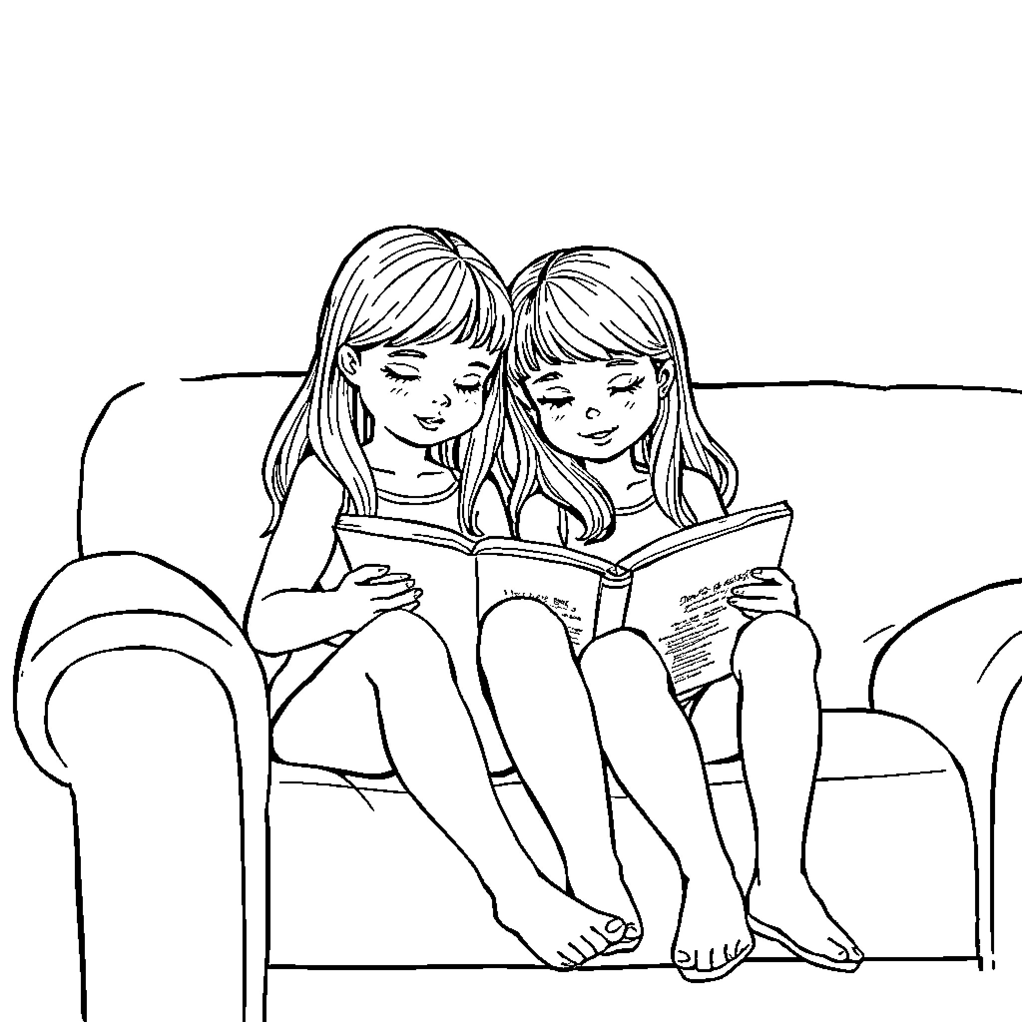 Twin sisters reading a book together Coloring Page (free black-and-white line drawing printable PDF for all, from beginners to advanced learners, including children, teens, adults, and seniors)