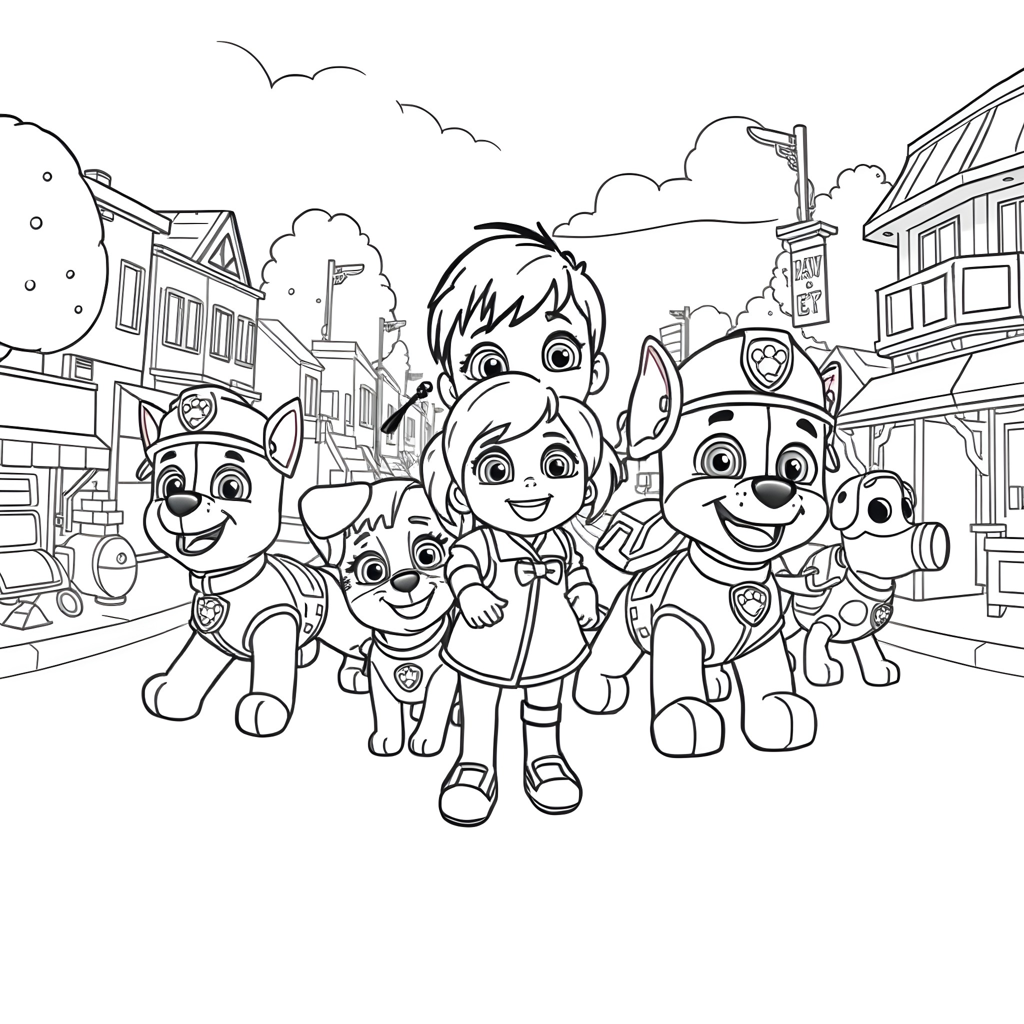 Paw Patrol team assembled in the town Coloring Page (free black-and-white line drawing printable PDF for all, from beginners to advanced learners, including children, teens, adults, and seniors)
