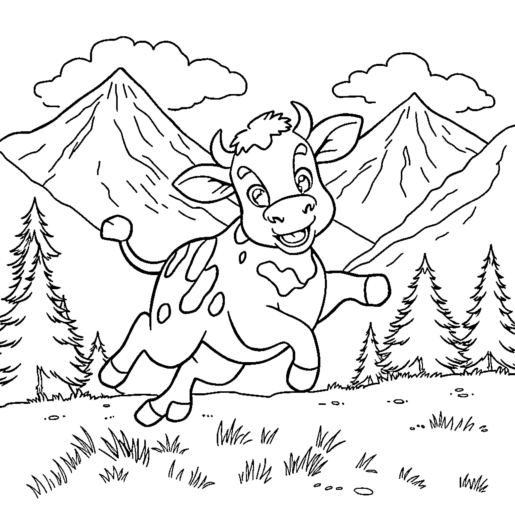 Cow joyfully frolicking in the mountains Coloring Page (free black-and-white line drawing printable PDF for all, from beginners to advanced learners, including children, teens, adults, and seniors)