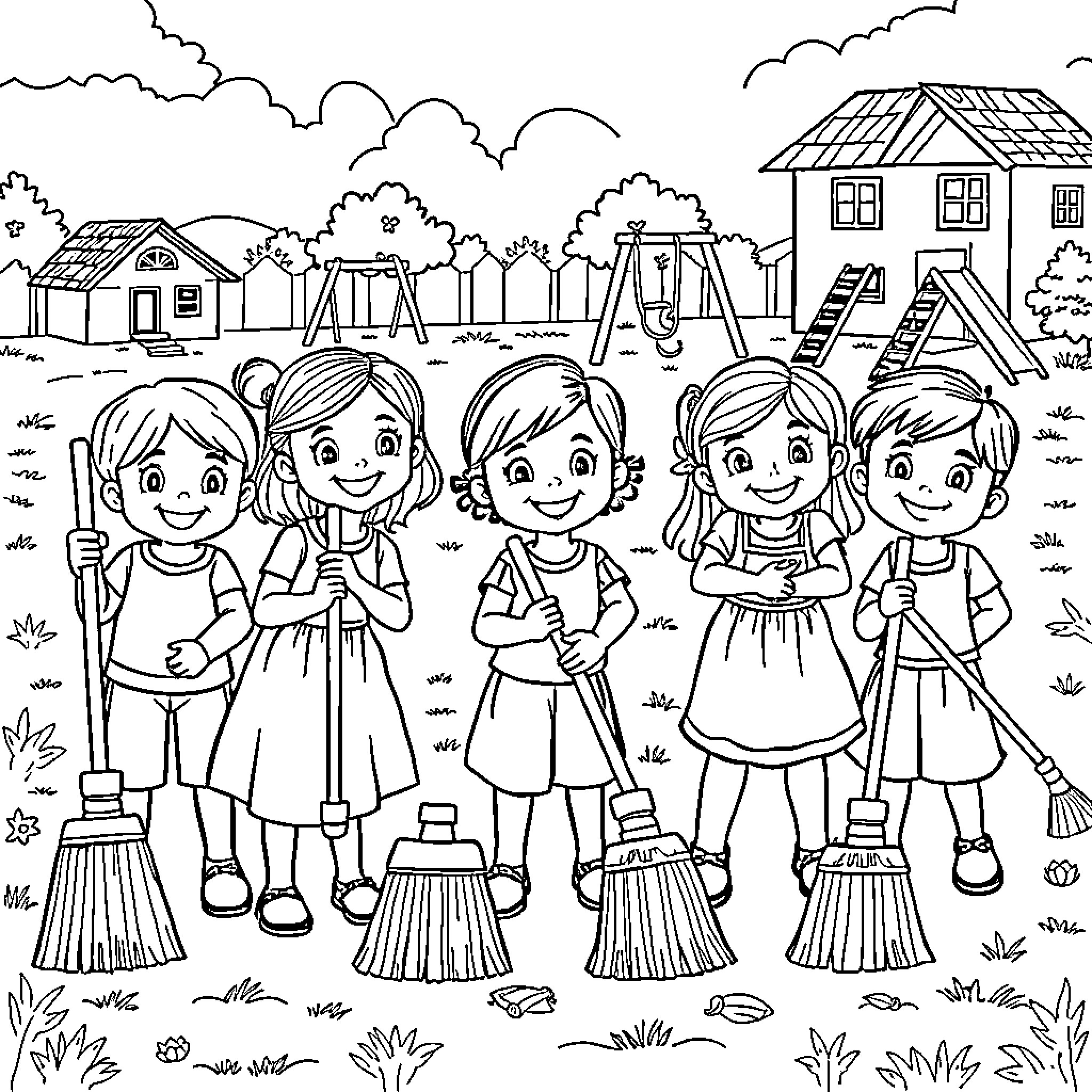 Children cleaning up a neighborhood park Coloring Page (free black-and-white line drawing printable PDF for all, from beginners to advanced learners, including children, teens, adults, and seniors)