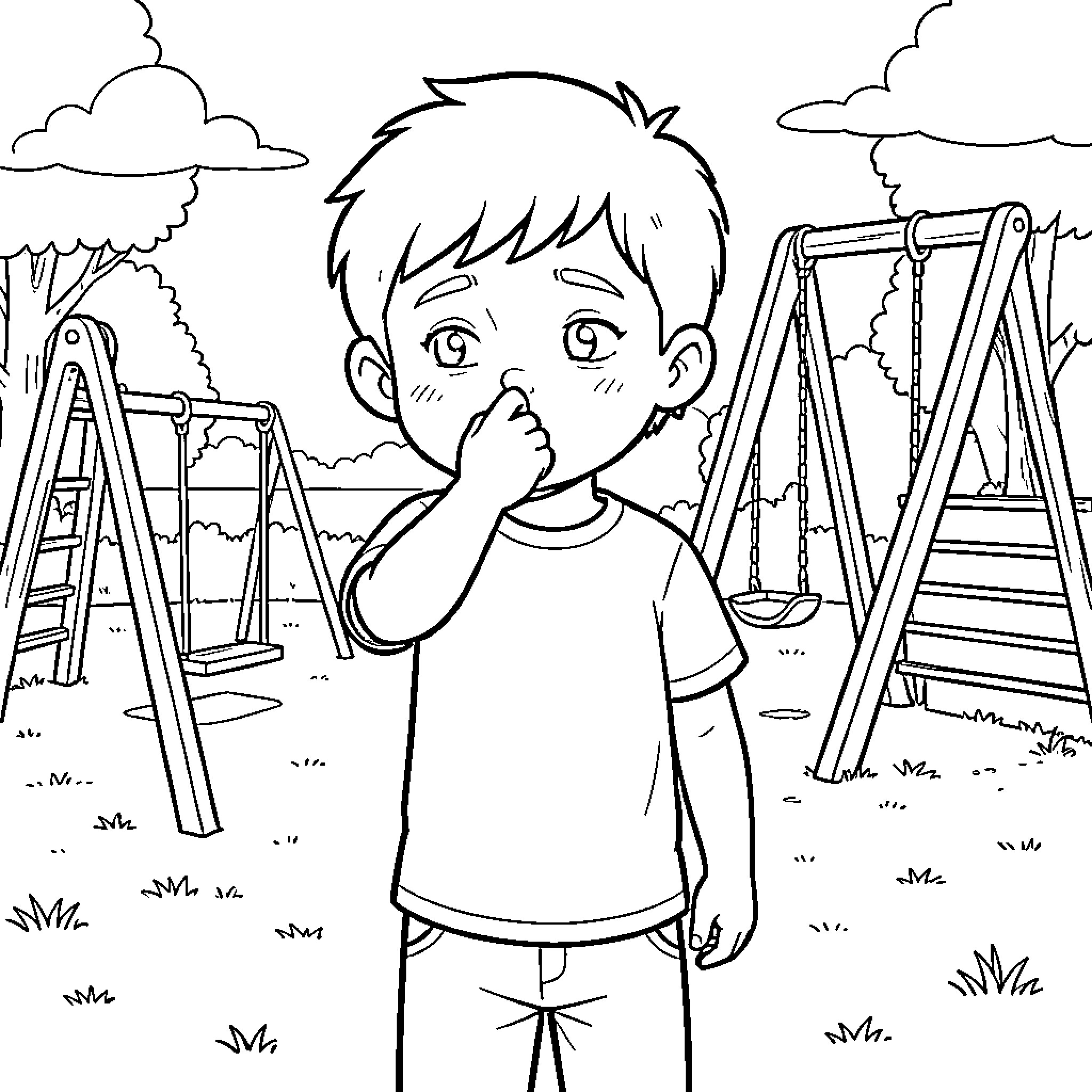 Boy playing alone in the playground Coloring Page (free black-and-white line drawing printable PDF for all, from beginners to advanced learners, including children, teens, adults, and seniors)