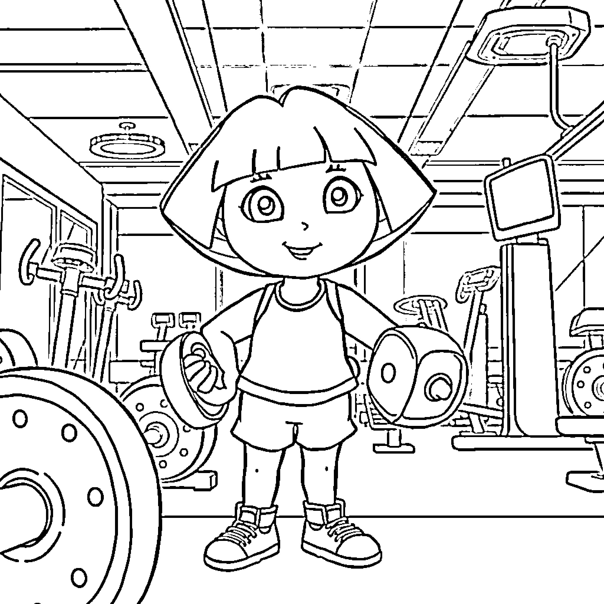 Dora exploring the gym equipment Coloring Page (free black-and-white line drawing printable PDF for all, from beginners to advanced learners, including children, teens, adults, and seniors)