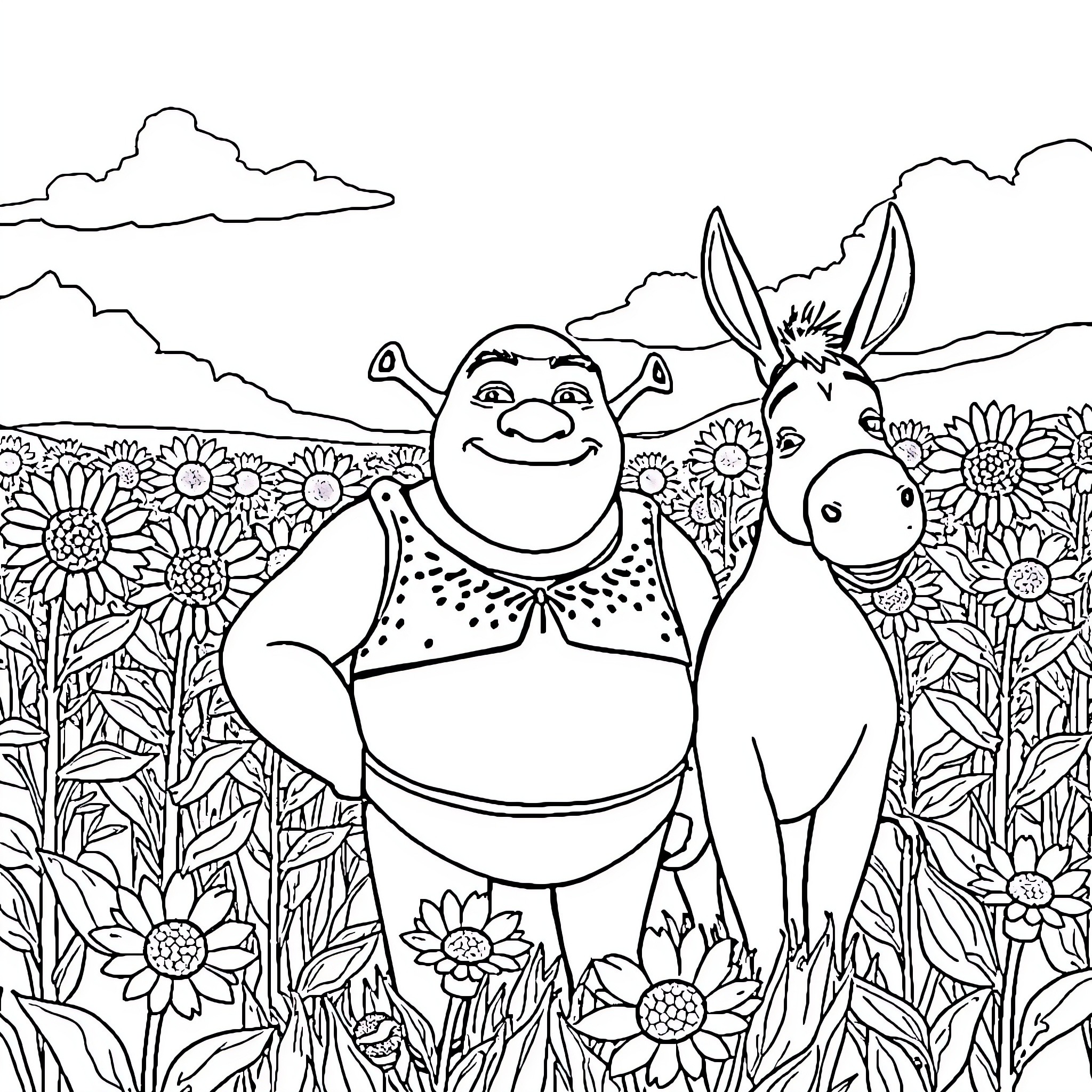 Shrek and Donkey exploring a flower-filled meadow Coloring Page (free black-and-white line drawing printable PDF for all, from beginners to advanced learners, including children, teens, adults, and seniors)