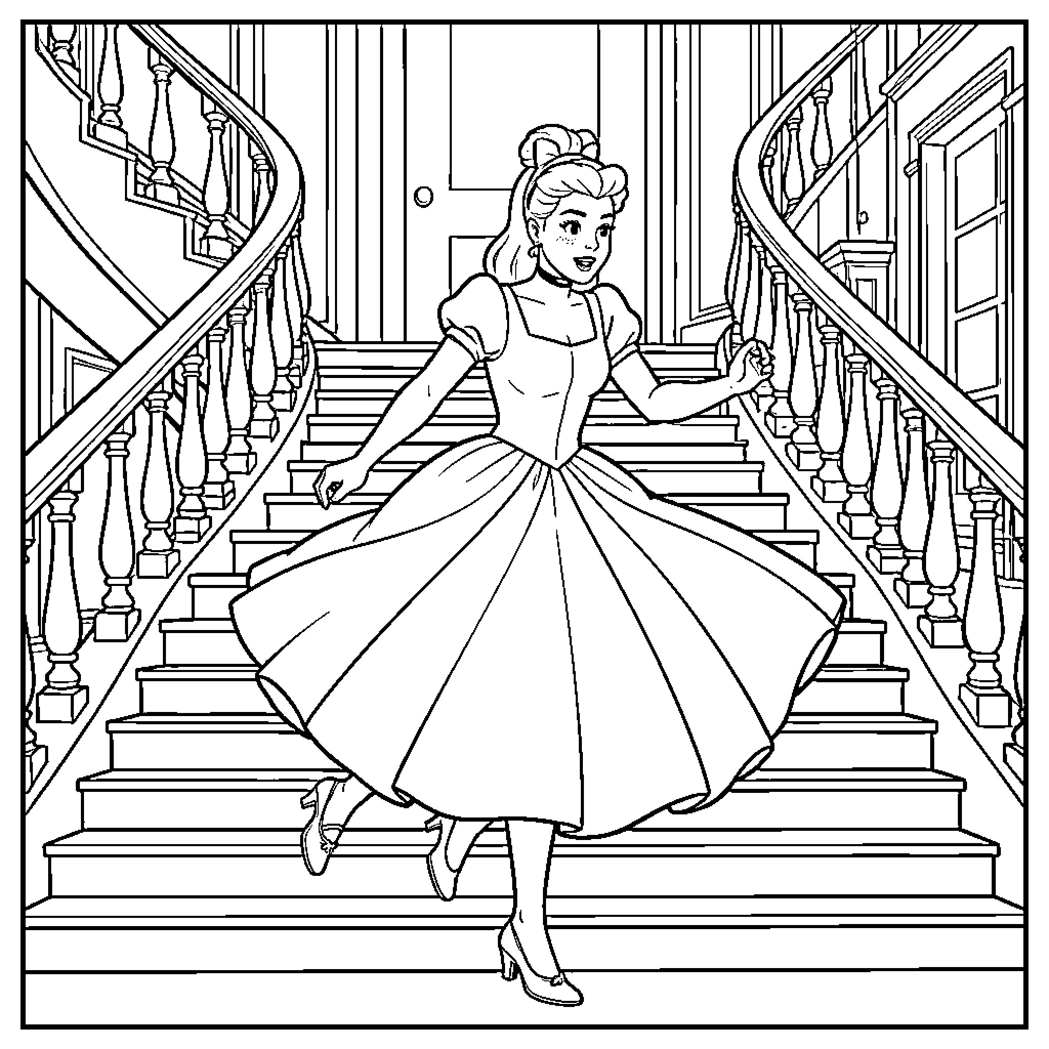 Cinderella dancing gracefully down a grand staircase Coloring Page (free black-and-white line drawing printable PDF for all, from beginners to advanced learners, including children, teens, adults, and seniors)
