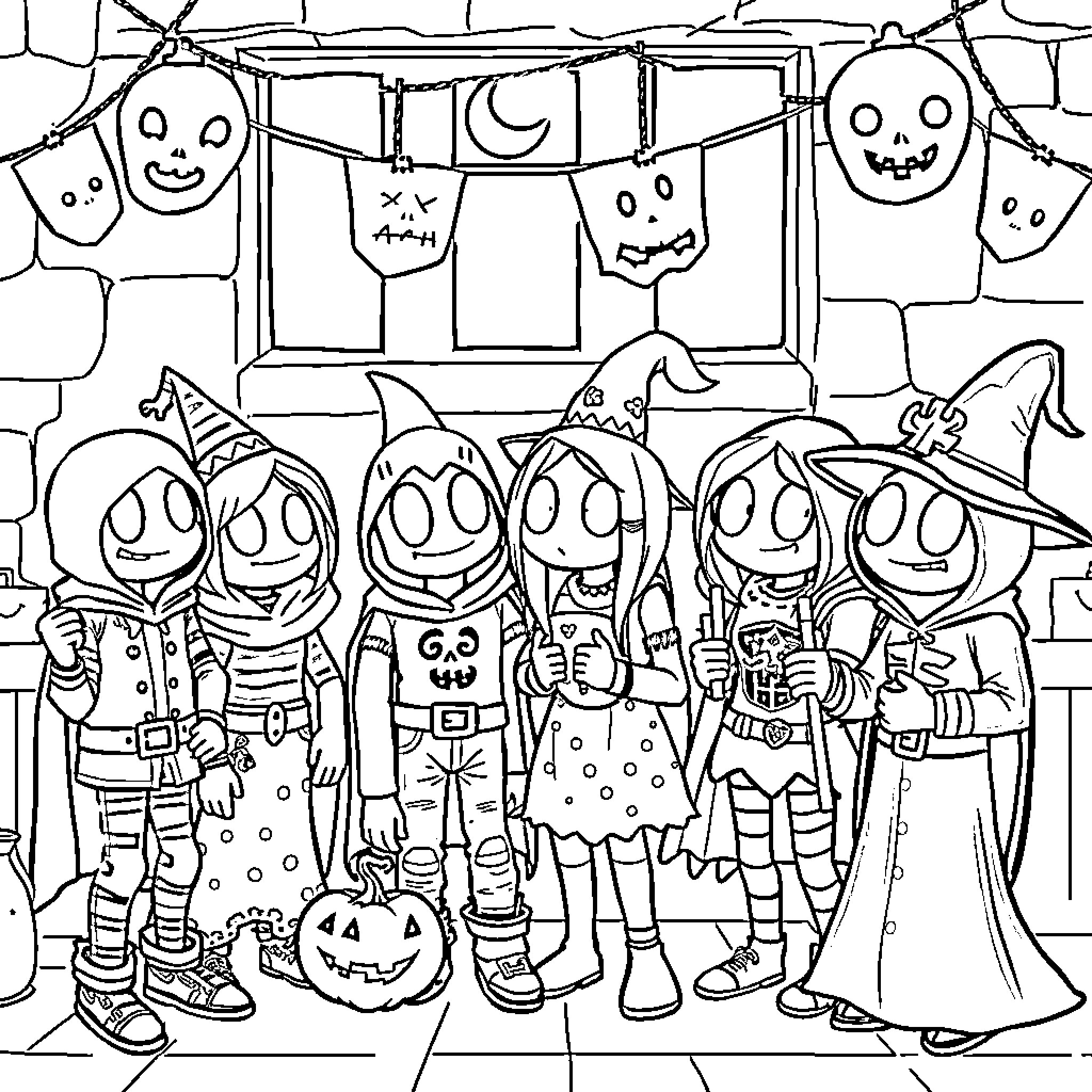 Among Us Trick-or-Treating Halloween Fun Coloring Page (free black-and-white line drawing printable PDF for all, from beginners to advanced learners, including children, teens, adults, and seniors)