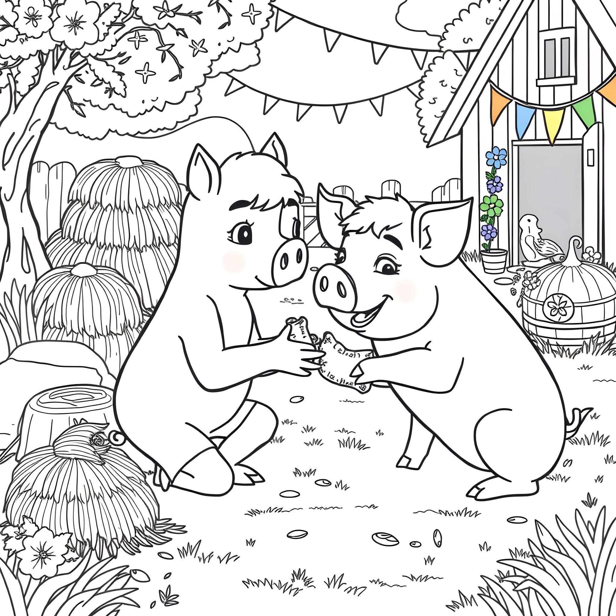 Bing Pigs enjoying a party in the countryside Coloring Page (free black-and-white line drawing printable PDF for all, from beginners to advanced learners, including children, teens, adults, and seniors)
