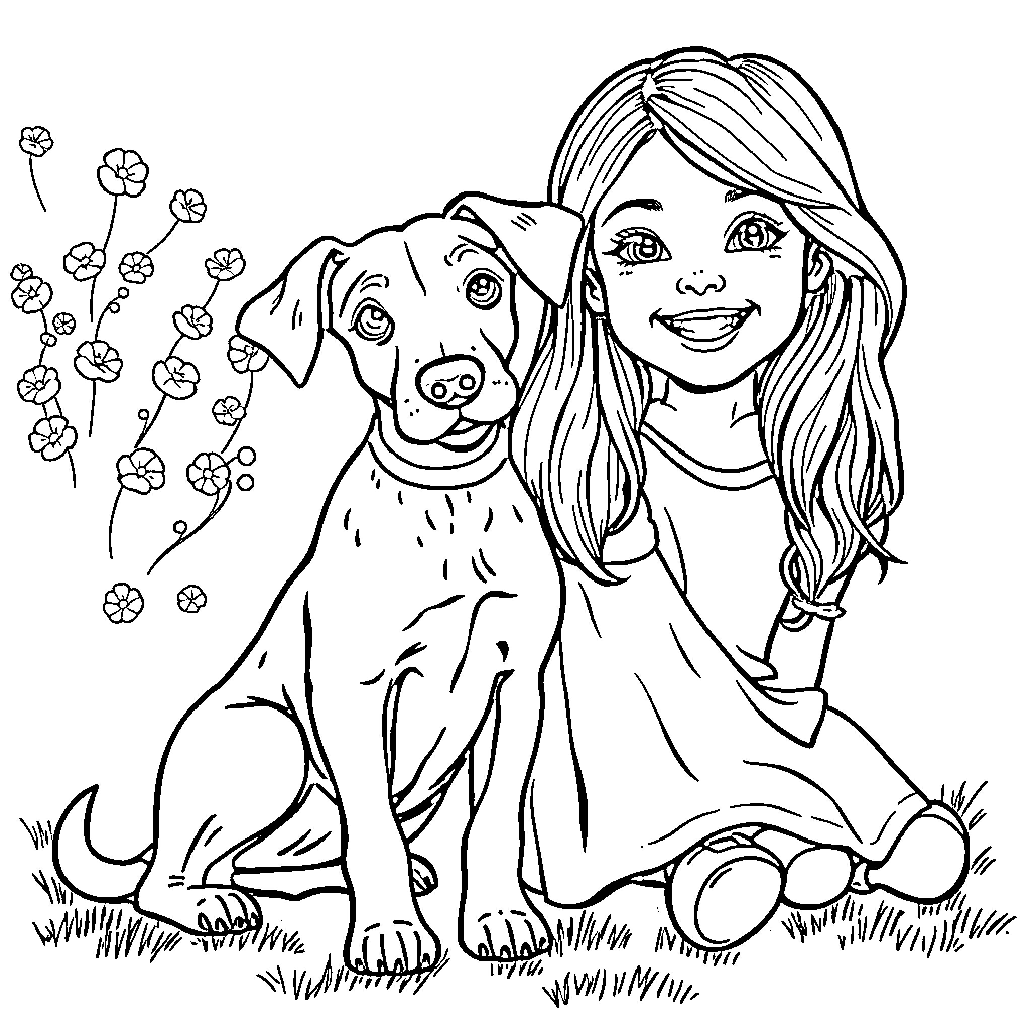 Whippet and child playing happily in the garden Coloring Page (free black-and-white line drawing printable PDF for all, from beginners to advanced learners, including children, teens, adults, and seniors)