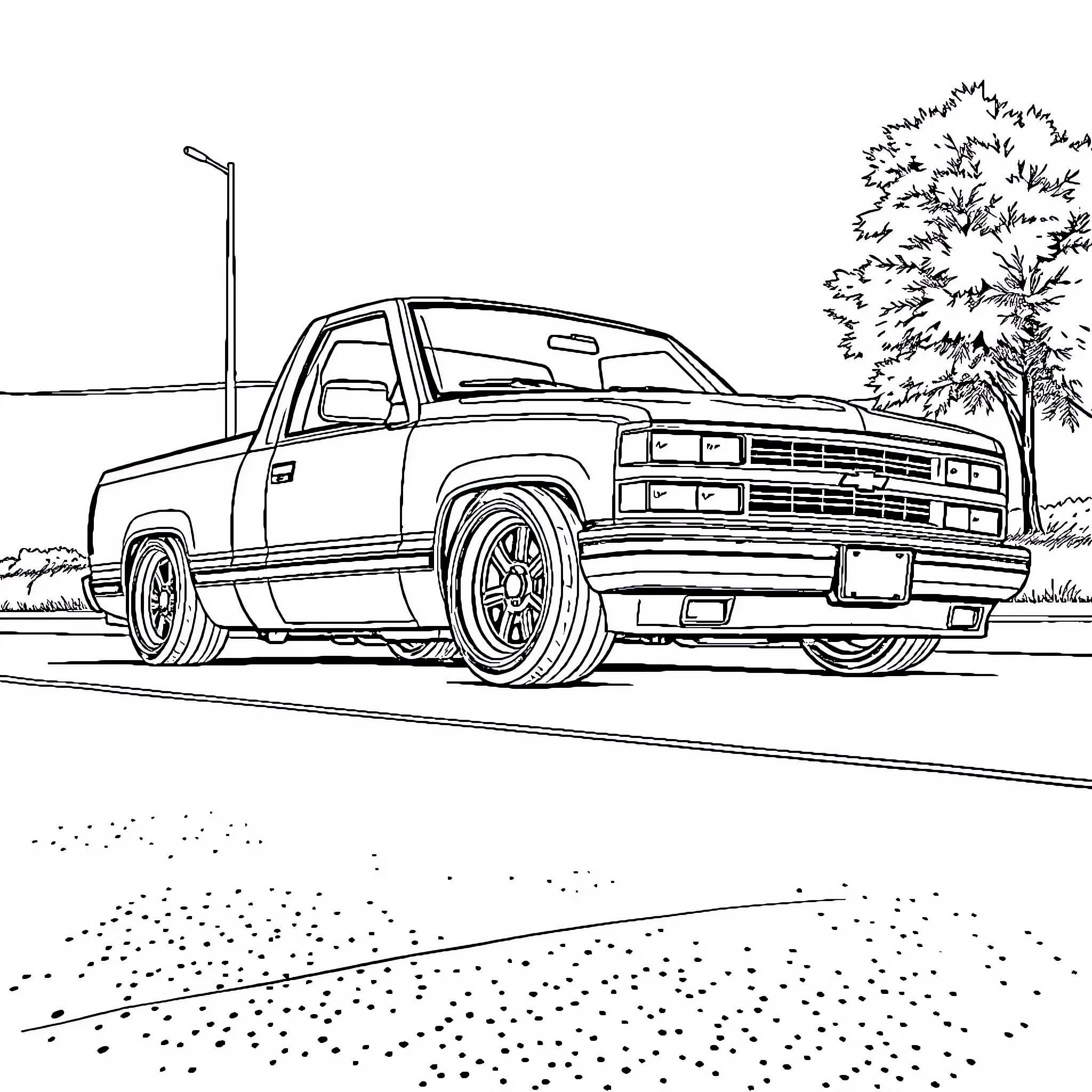 Chevy truck on the open road Coloring Page (free black-and-white line drawing printable PDF for all, from beginners to advanced learners, including children, teens, adults, and seniors)