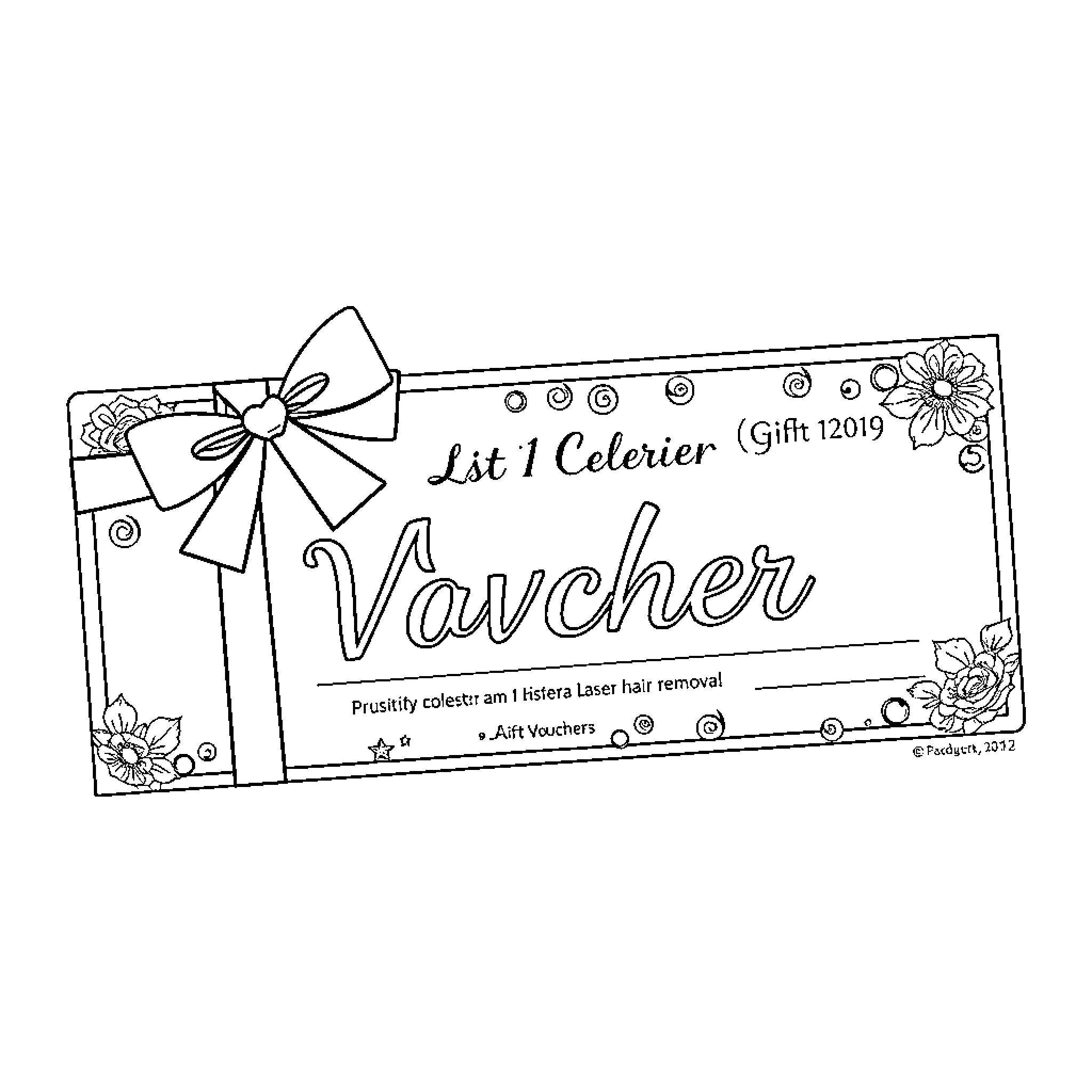 Gift Voucher with Floral and Bow Accents Coloring Page (free black-and-white line drawing printable PDF for all, from beginners to advanced learners, including children, teens, adults, and seniors)