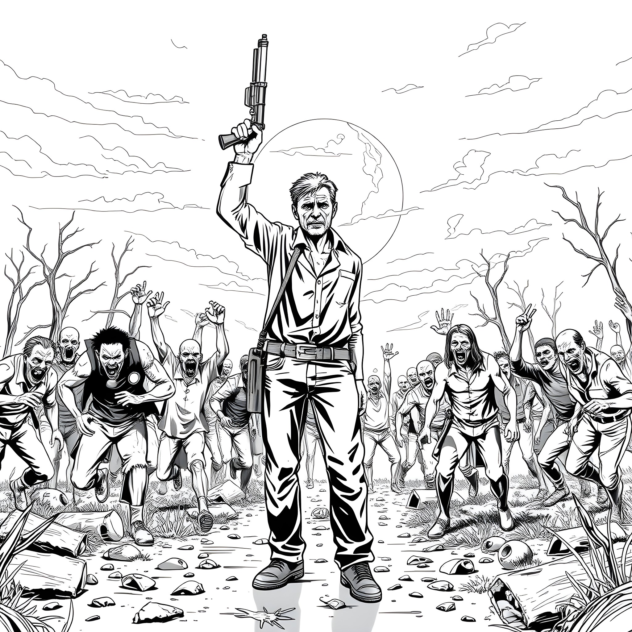 Rick Confronts the Undead Horde with Determination Coloring Page (free black-and-white line drawing printable PDF for all, from beginners to advanced learners, including children, teens, adults, and seniors)