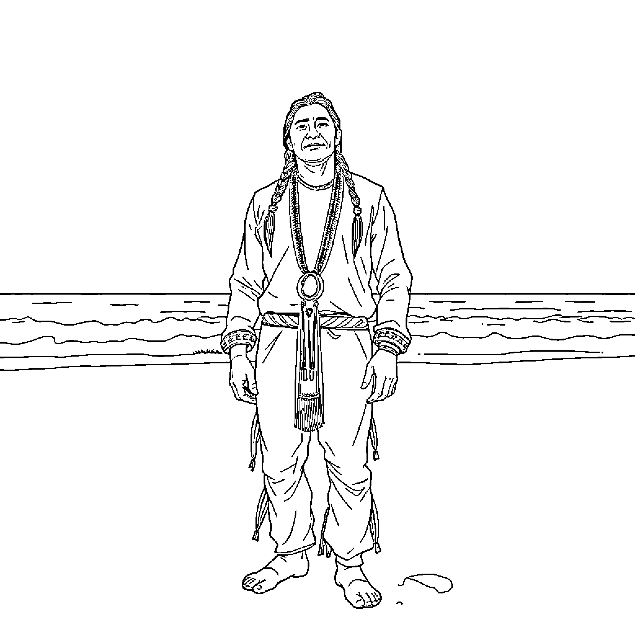 Navajo Guy Standing Proudly by the Ocean Coloring Page (free black-and-white line drawing printable PDF for all, from beginners to advanced learners, including children, teens, adults, and seniors)